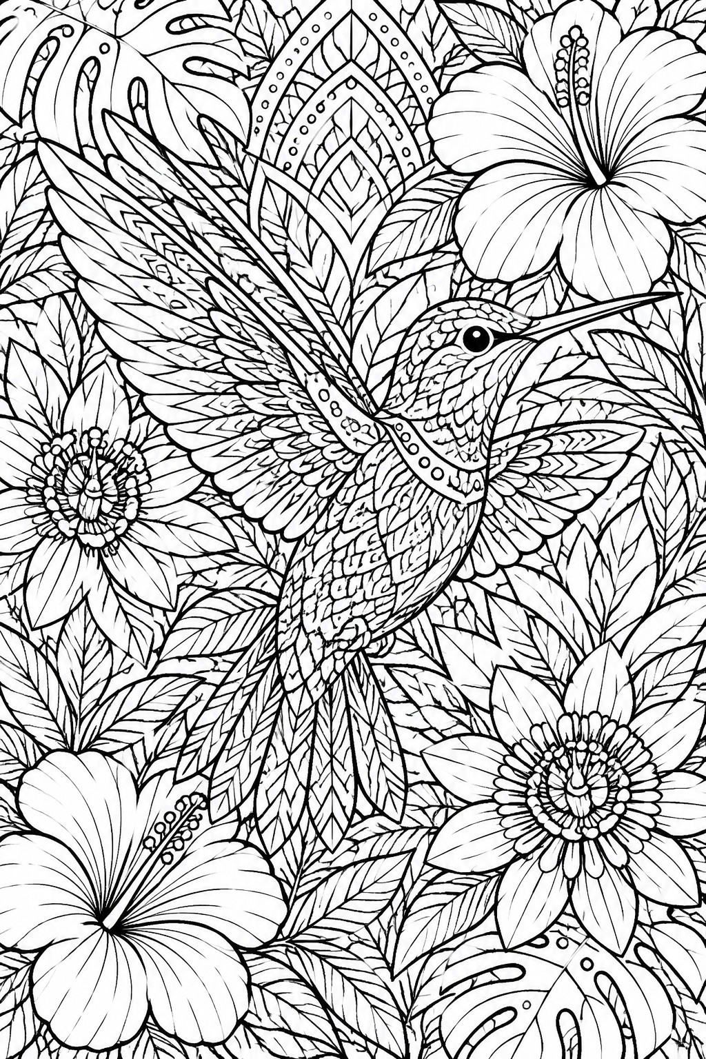 Intricate black-and-white line art of hummingbird amid tropical flowers and leaves