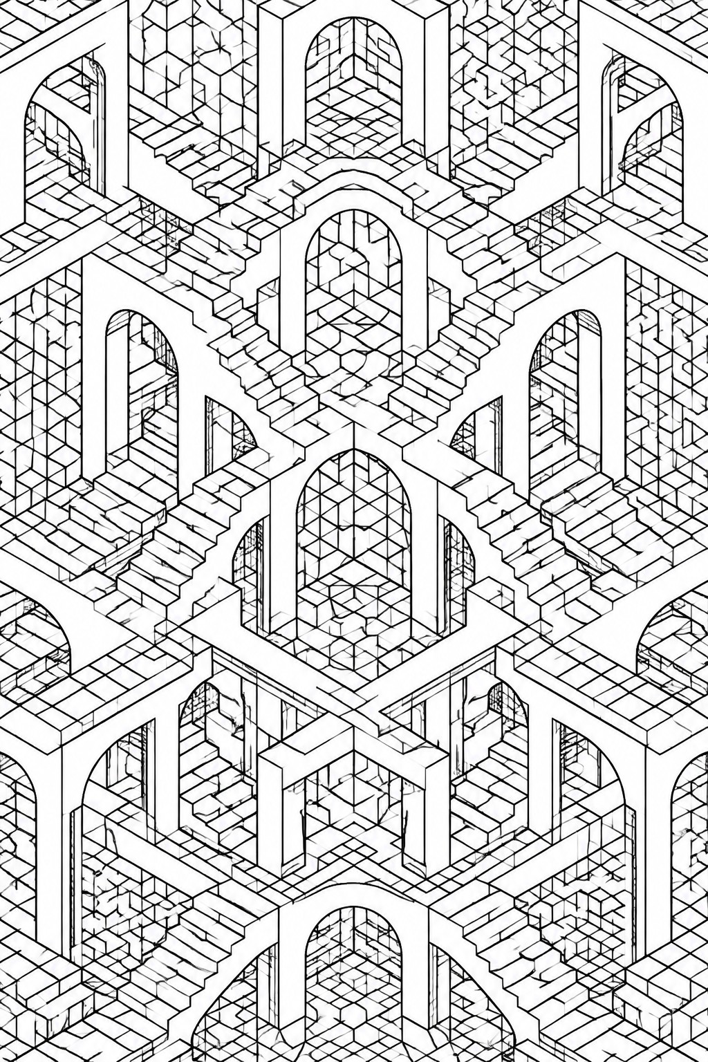 Escher-style black and white line drawing of impossible architecture with arches and staircases