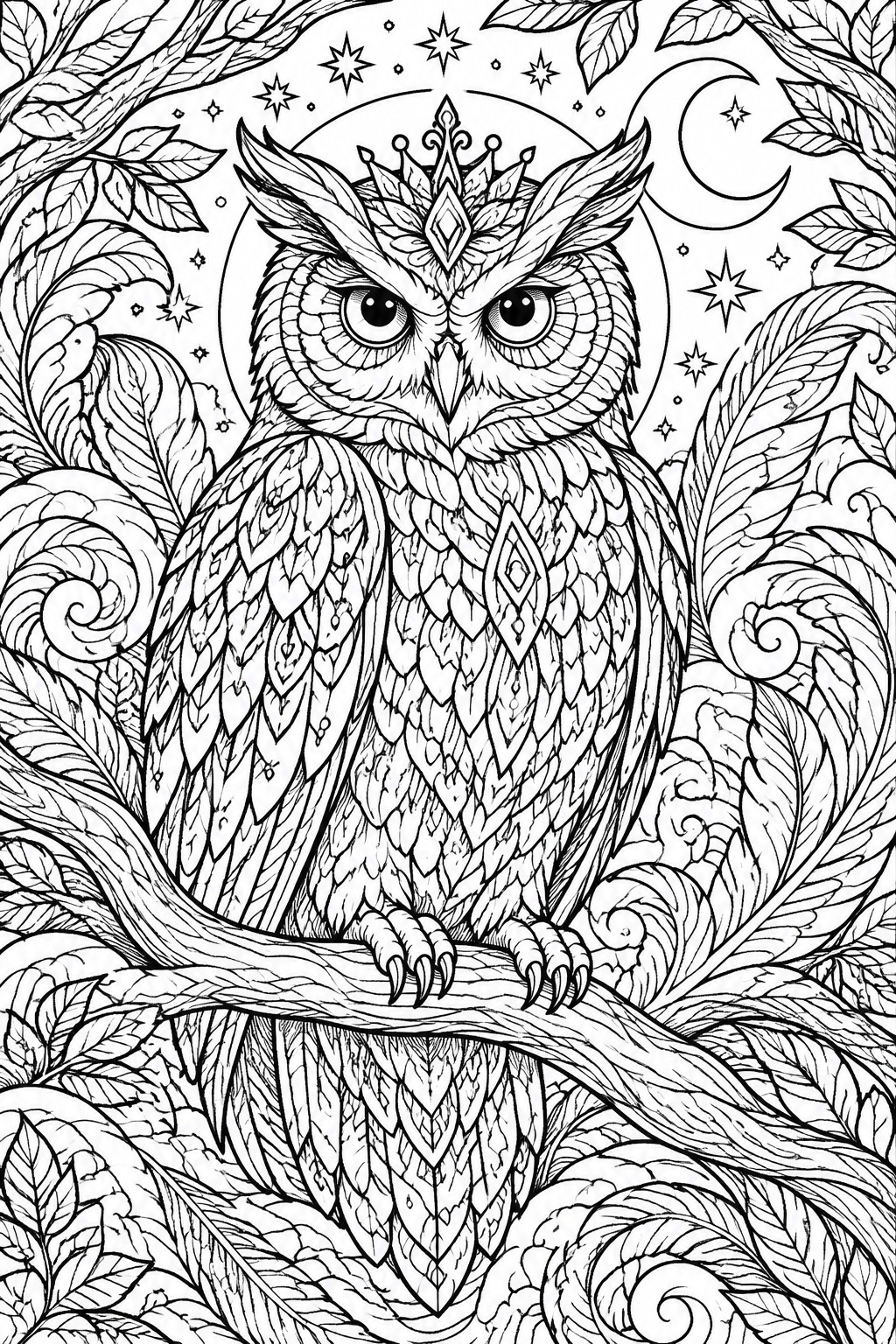 Intricate black-and-white line art of crowned owl perched on branch under moon and stars.