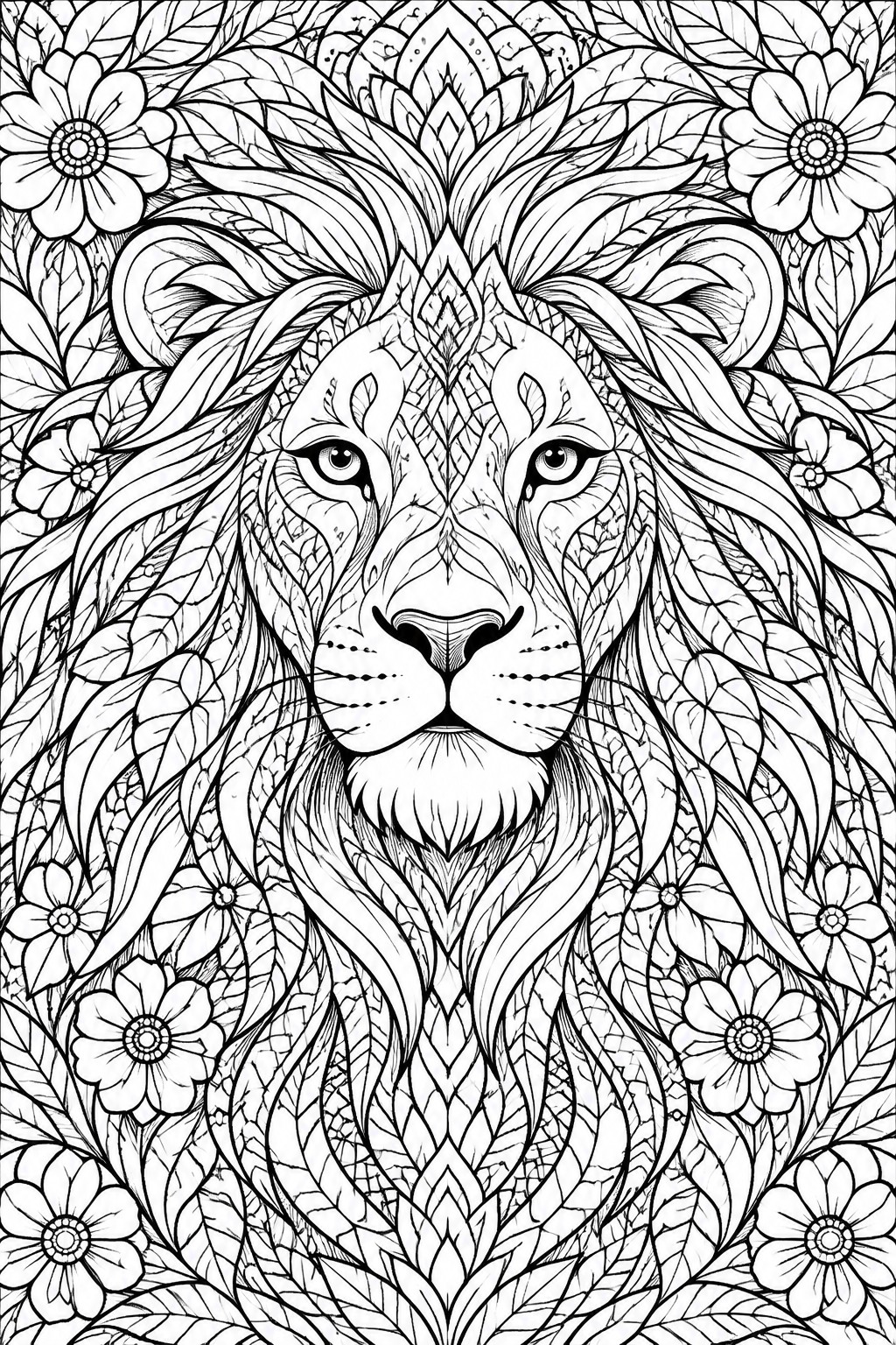 Intricate black and white lion face with patterned mane amid flowers and leaves