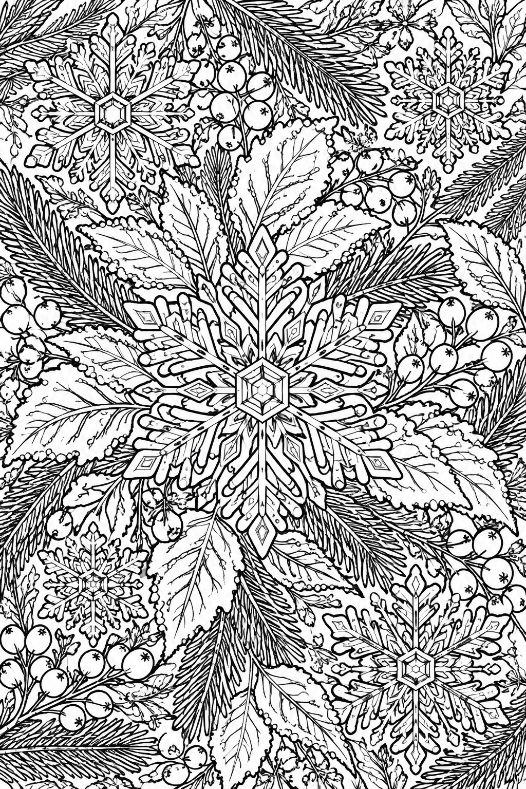 Intricate black-and-white winter mandala with large snowflakes, pine branches, and berries