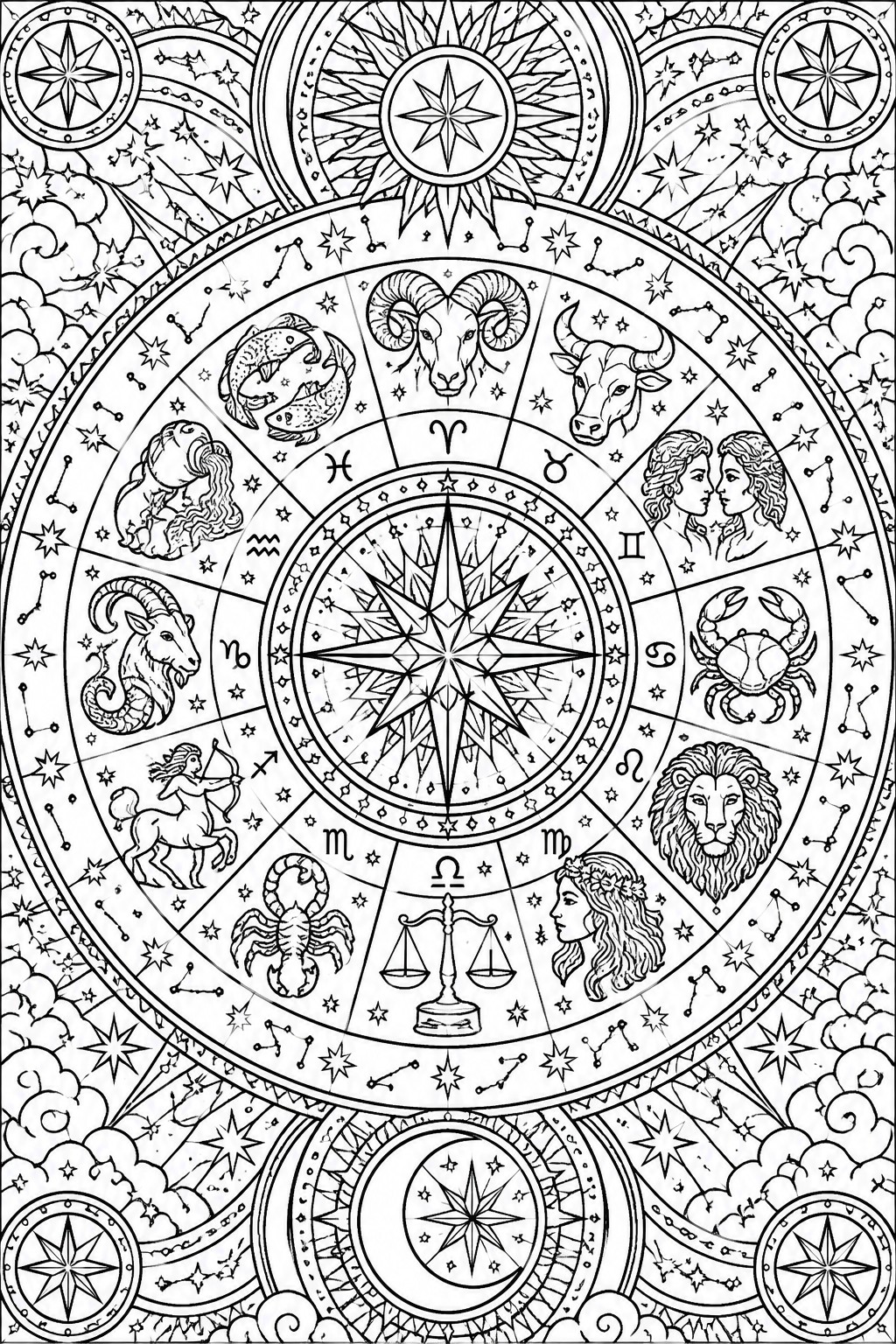 Detailed black-and-white zodiac wheel with all twelve signs, stars, and central compass rose