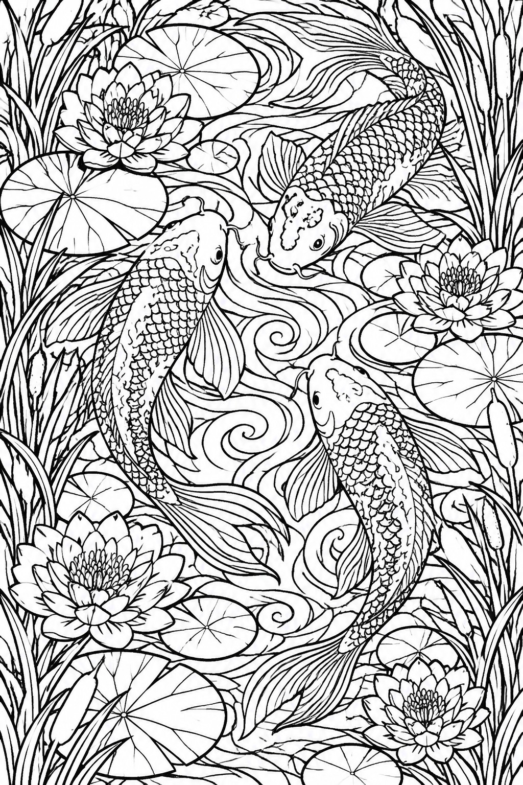 A black and white coloring page of three koi fish swimming among lotus flowers, lily pads, and water plants with swirling lines.