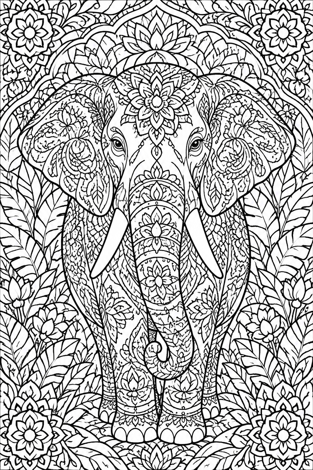 Intricate black-and-white mandala elephant with floral patterns and jungle foliage
