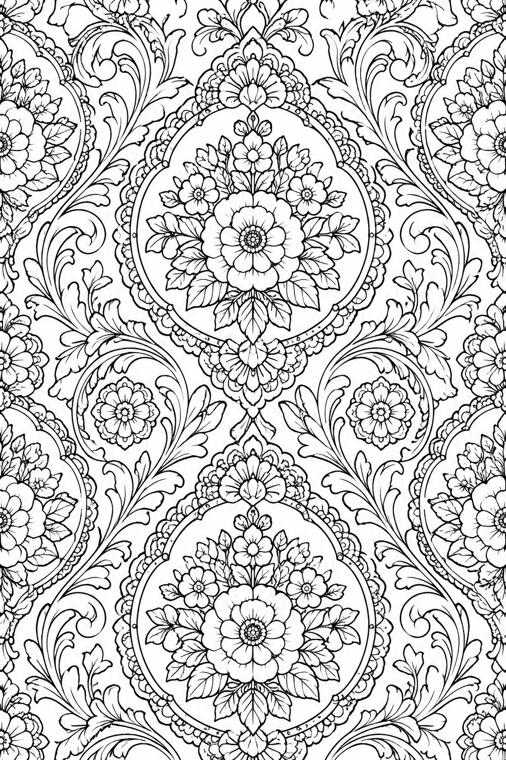 Intricate black and white floral damask pattern with roses and baroque swirls