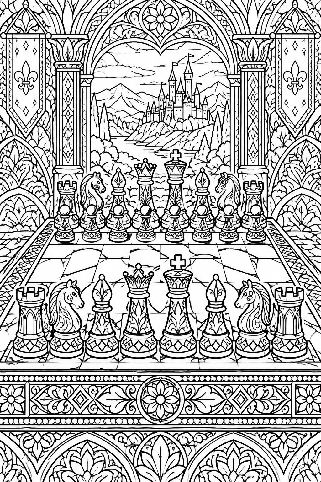 Ornate line art of chess pieces on board before a castle landscape.