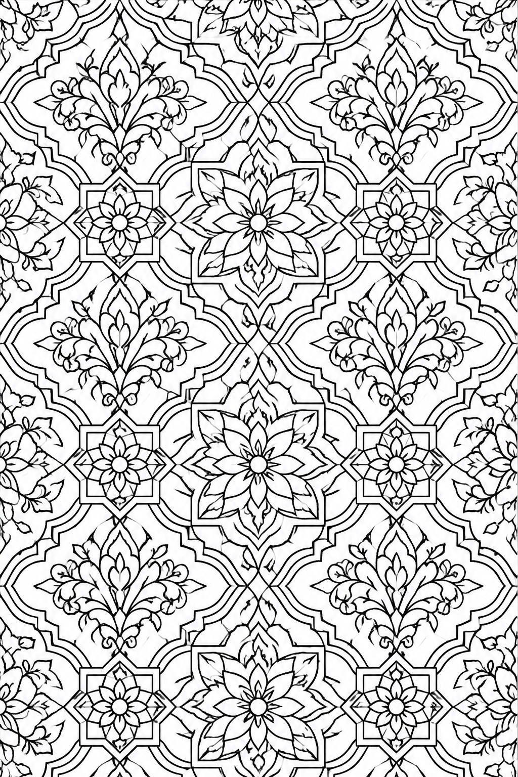 Intricate black and white repeating floral medallions with leafy vines and geometric borders