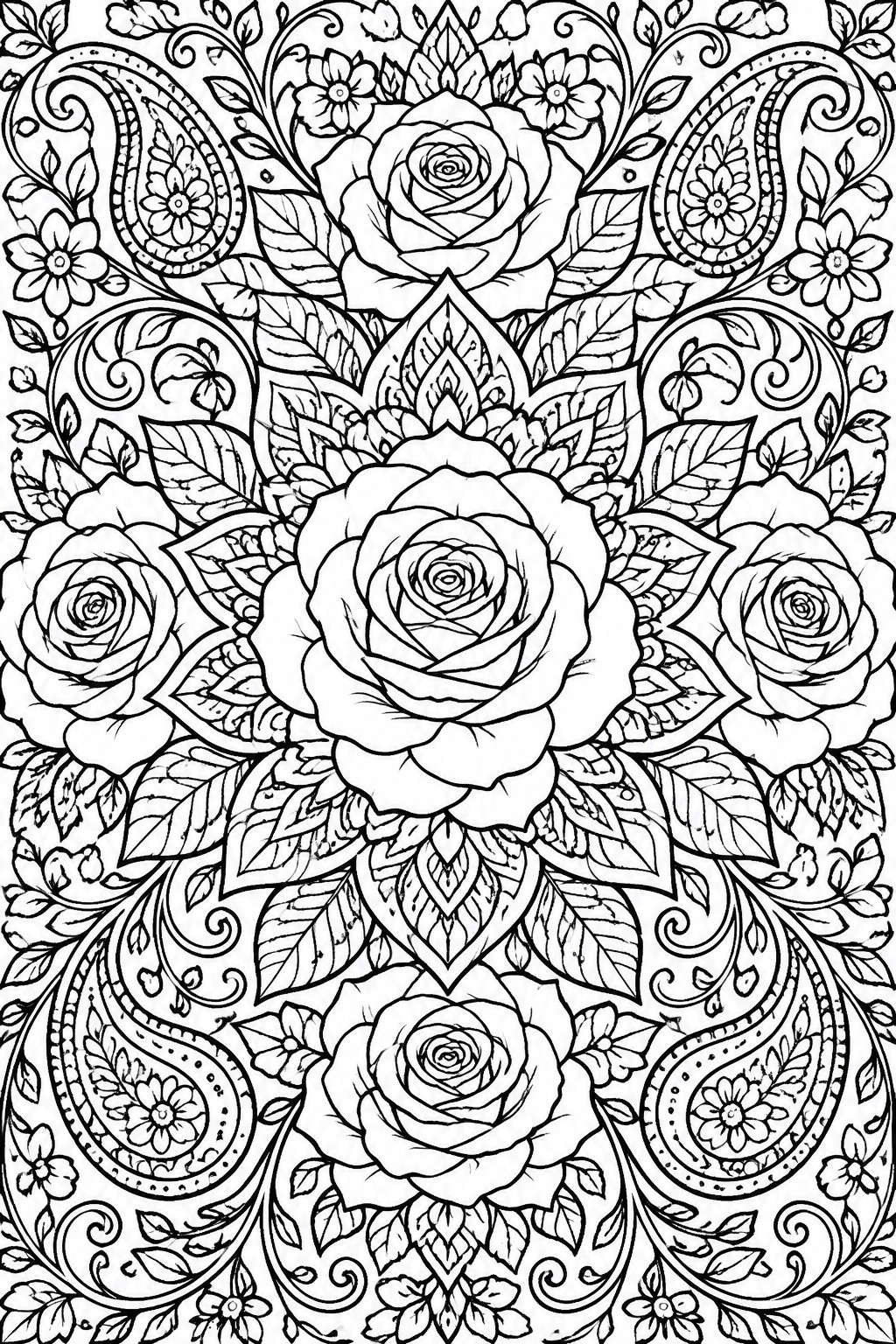 A black and white coloring page showing a symmetrical mandala with large roses, paisley shapes, leaves, and small flowers in an intricate circular design.