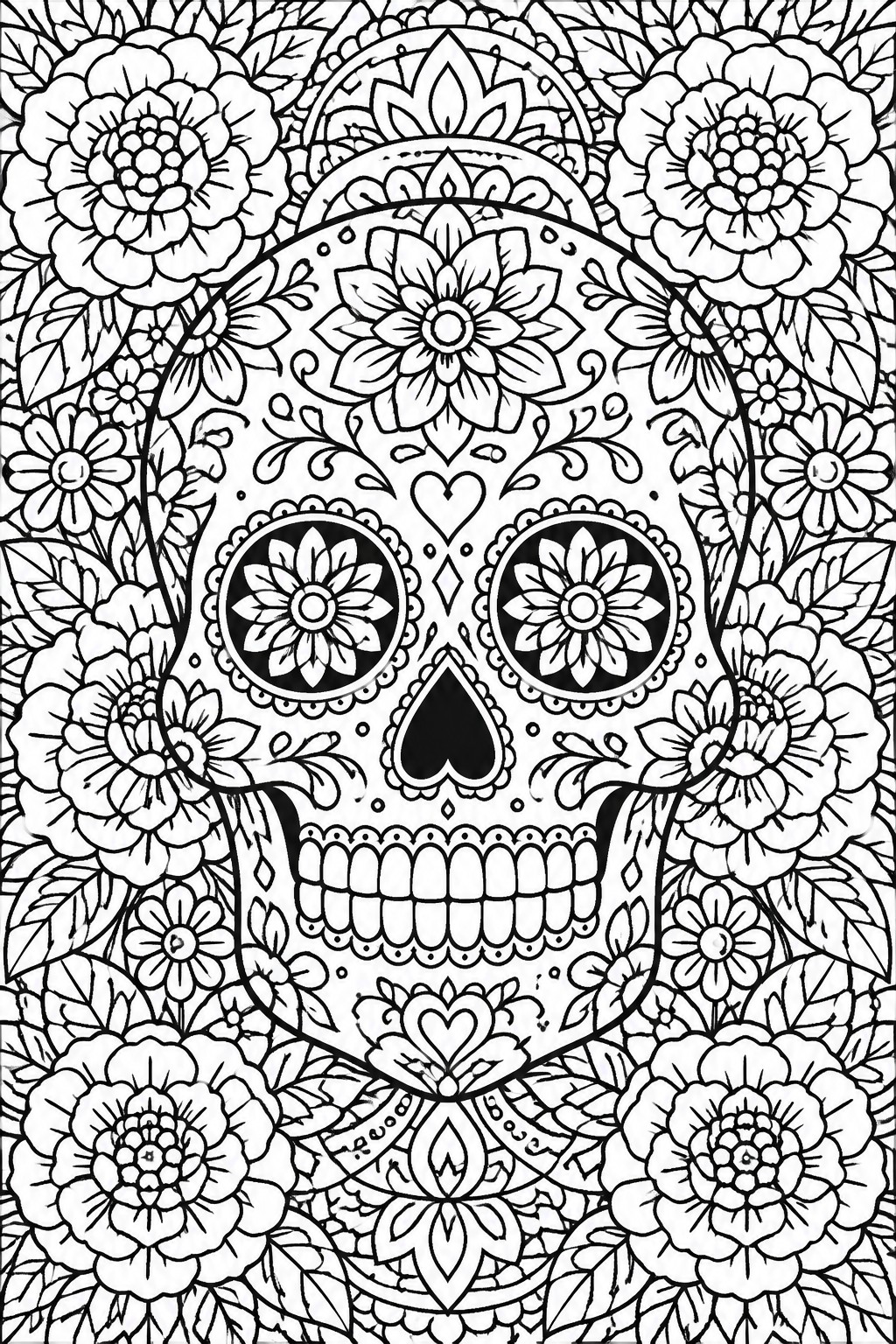 Intricate black and white sugar skull with floral patterns amid blooming flowers
