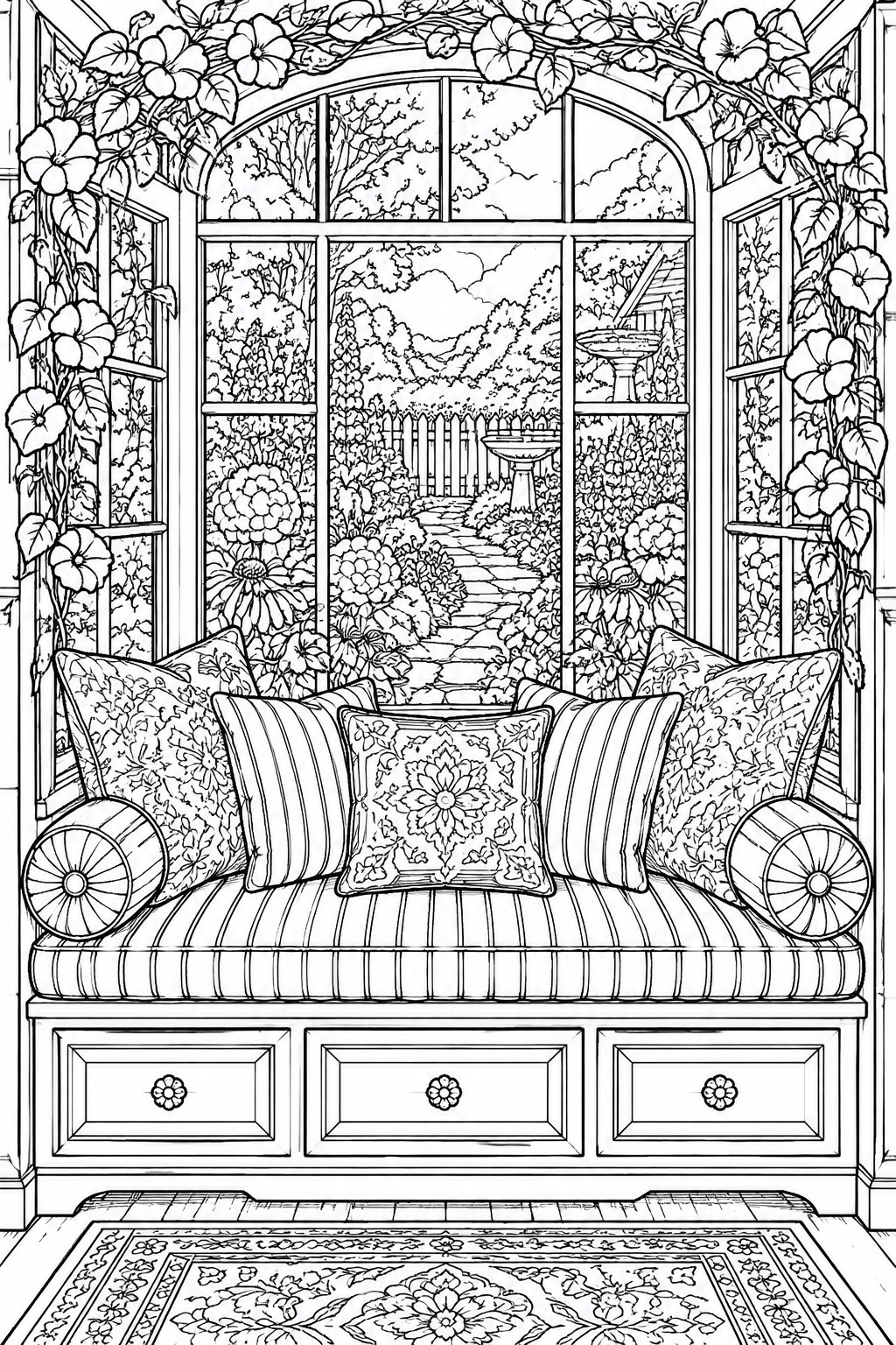 Window seat with striped cushion and floral pillows overlooking lush garden path