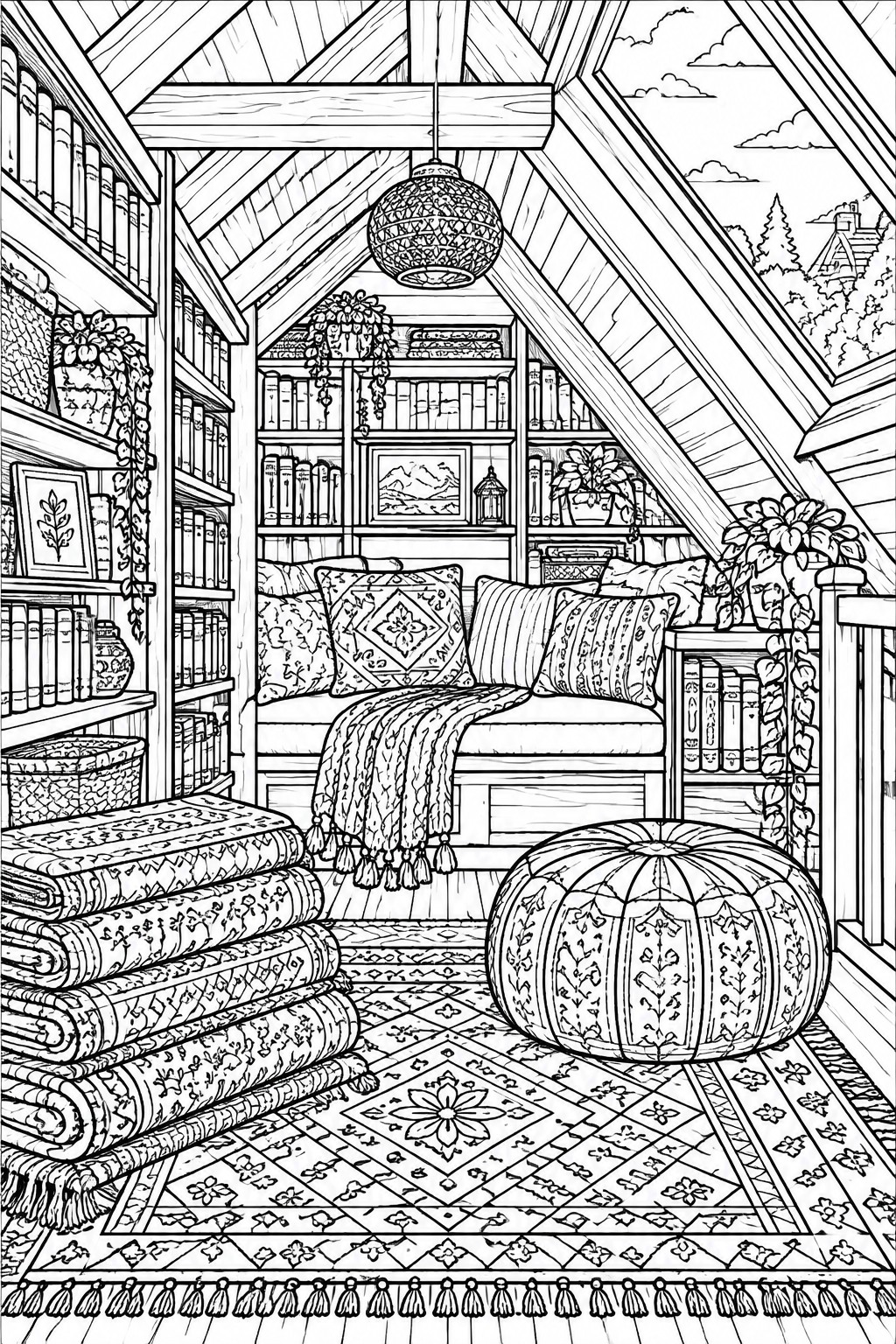 Black and white line drawing of an attic reading nook with bookshelves, a cushioned bench, patterned pillows, a pouf, rugs, and a window.
