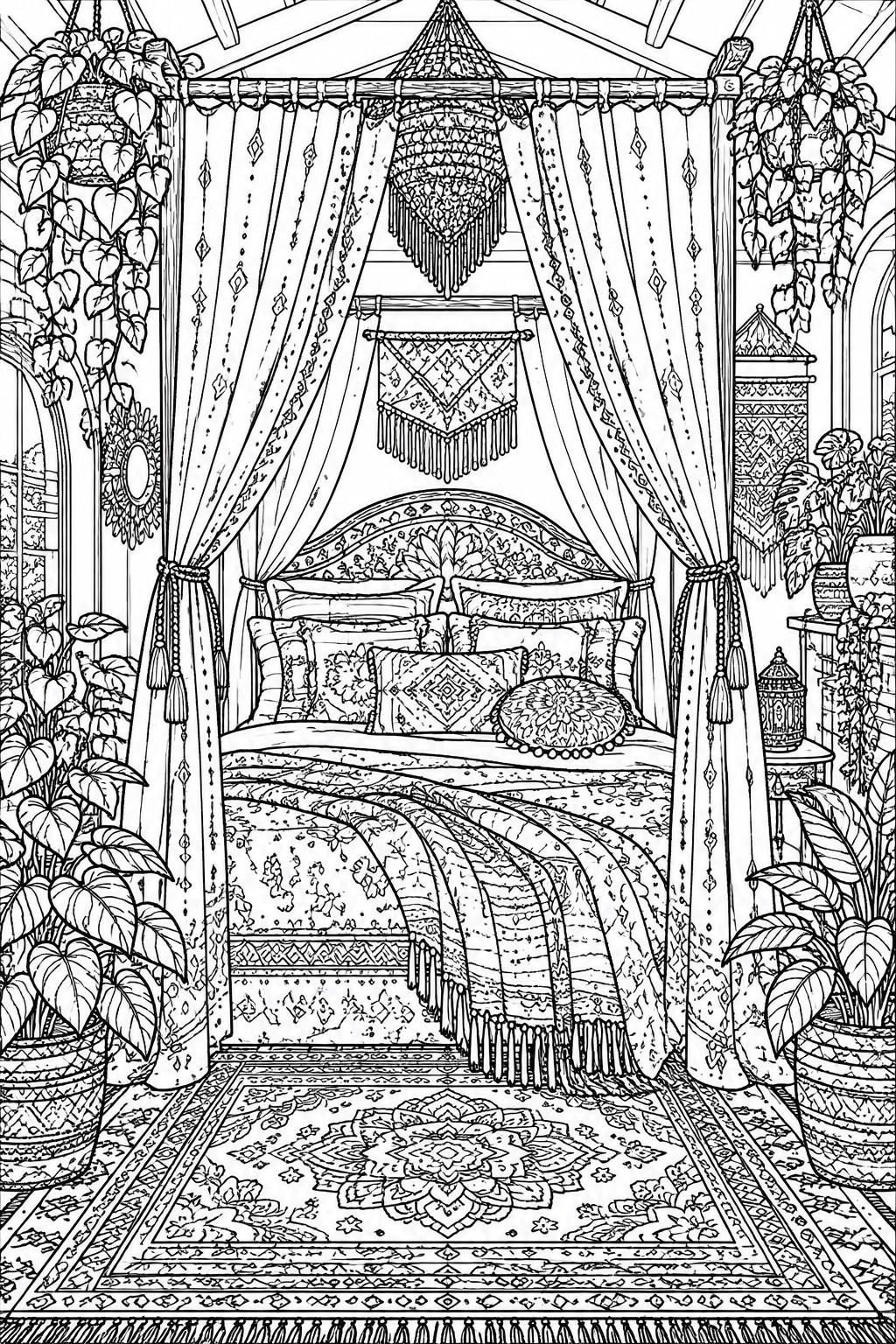 Bohemian canopy bed with pillows, tassels, and hanging plants in intricate line art