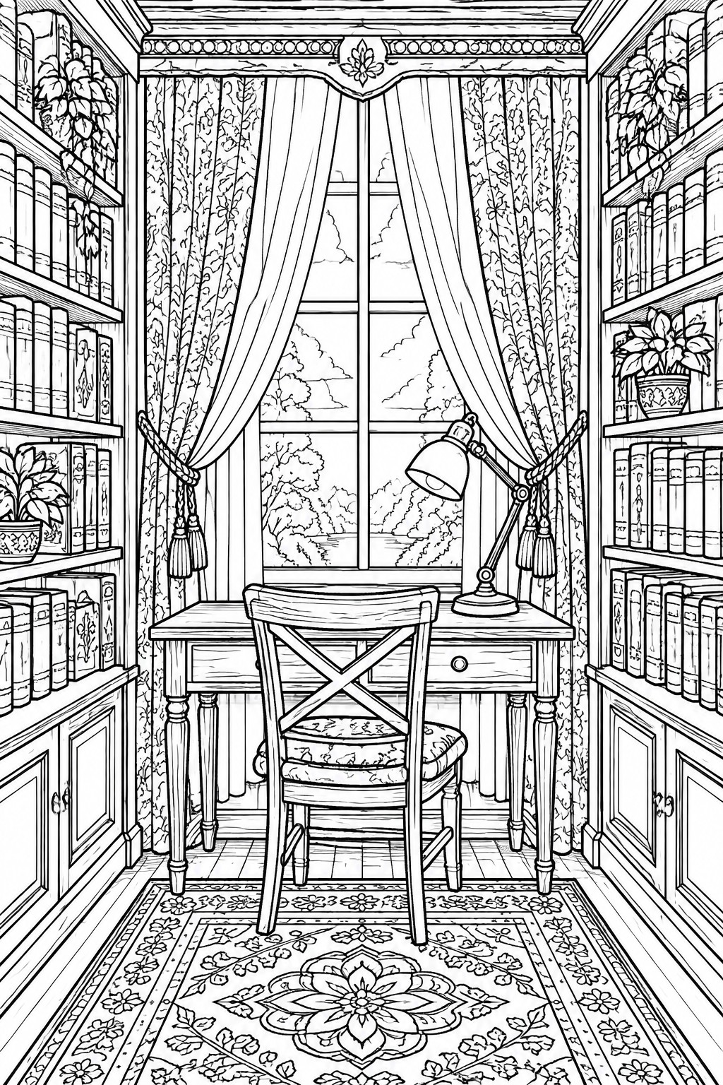 Line art of cozy study with desk, chair, window, curtains, and bookshelves