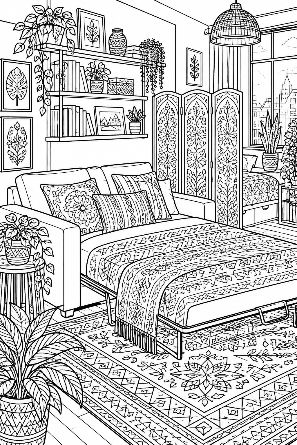 Black-and-white line art of cozy living room with sofa bed, plants, shelves and patterned rug