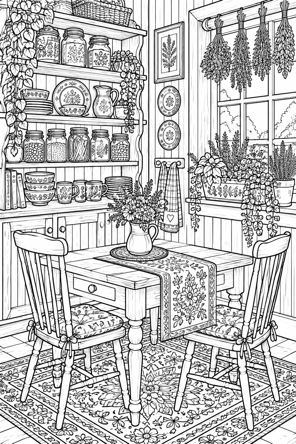 Black and white line drawing of a kitchen scene showing a table with two chairs, open shelves of jars and dishes, a rug, and a window with hanging herbs and plants.