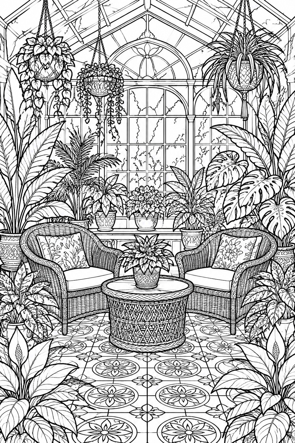 Black and white line drawing of a conservatory with two wicker chairs, a round table, many potted plants, hanging baskets, and large windows.