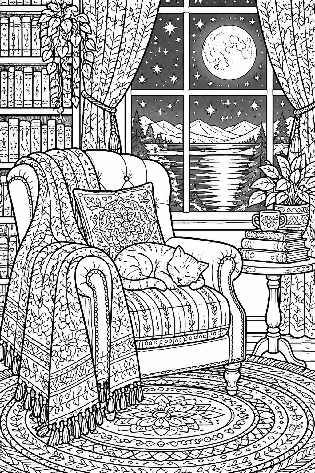 Detailed coloring page showing an armchair with a sleeping cat, ornate pillow and blanket, a round patterned rug, bookshelves, potted plants, and a large window with a full moon over a mountain landscape.