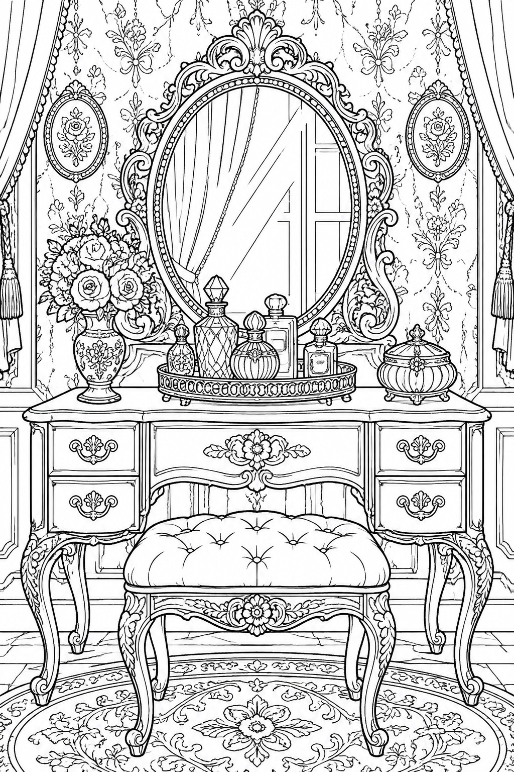 Ornate vintage vanity with oval mirror, perfume bottles, vase of flowers, and tufted stool