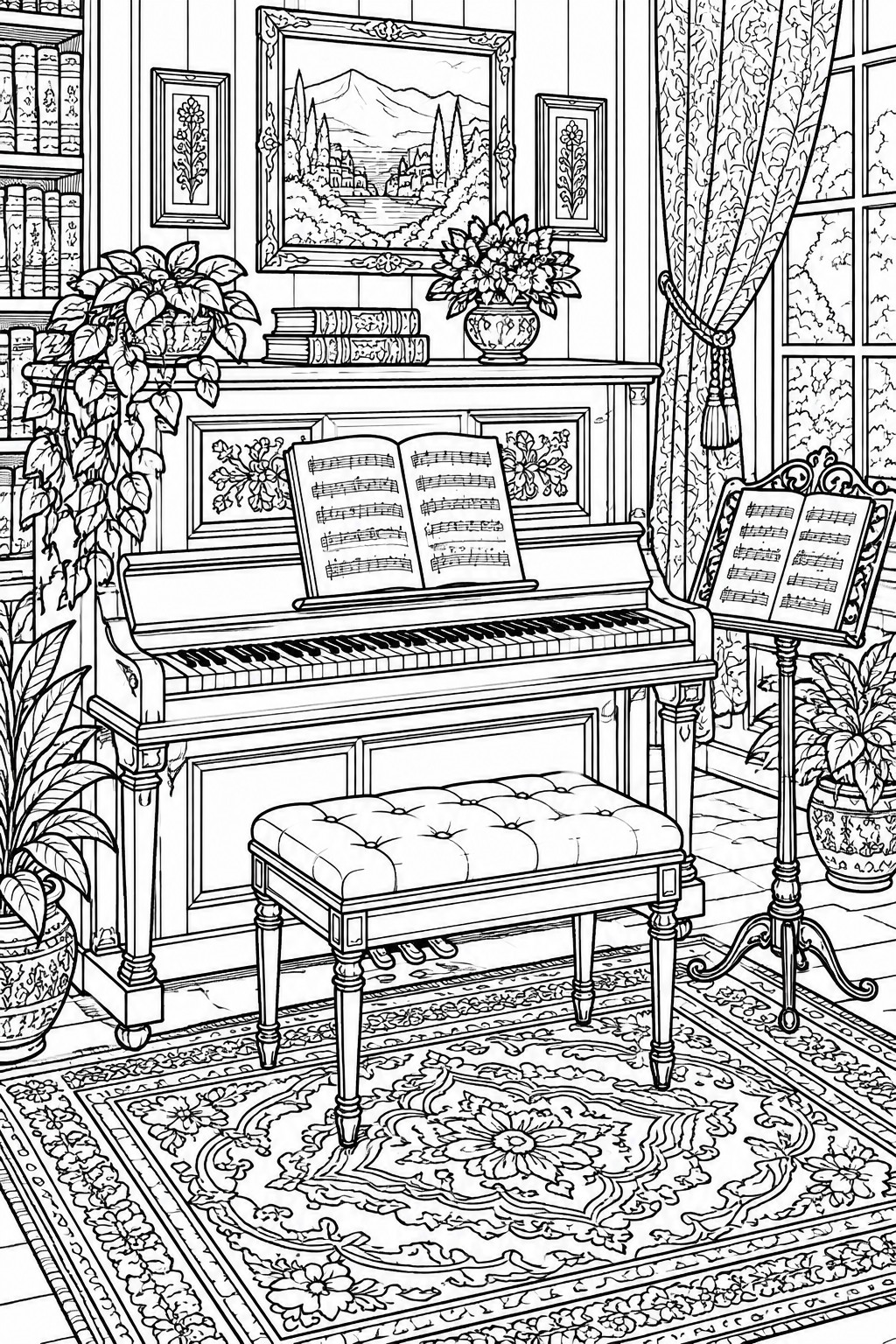 Detailed line drawing of upright piano with bench, music stand, and plants in room