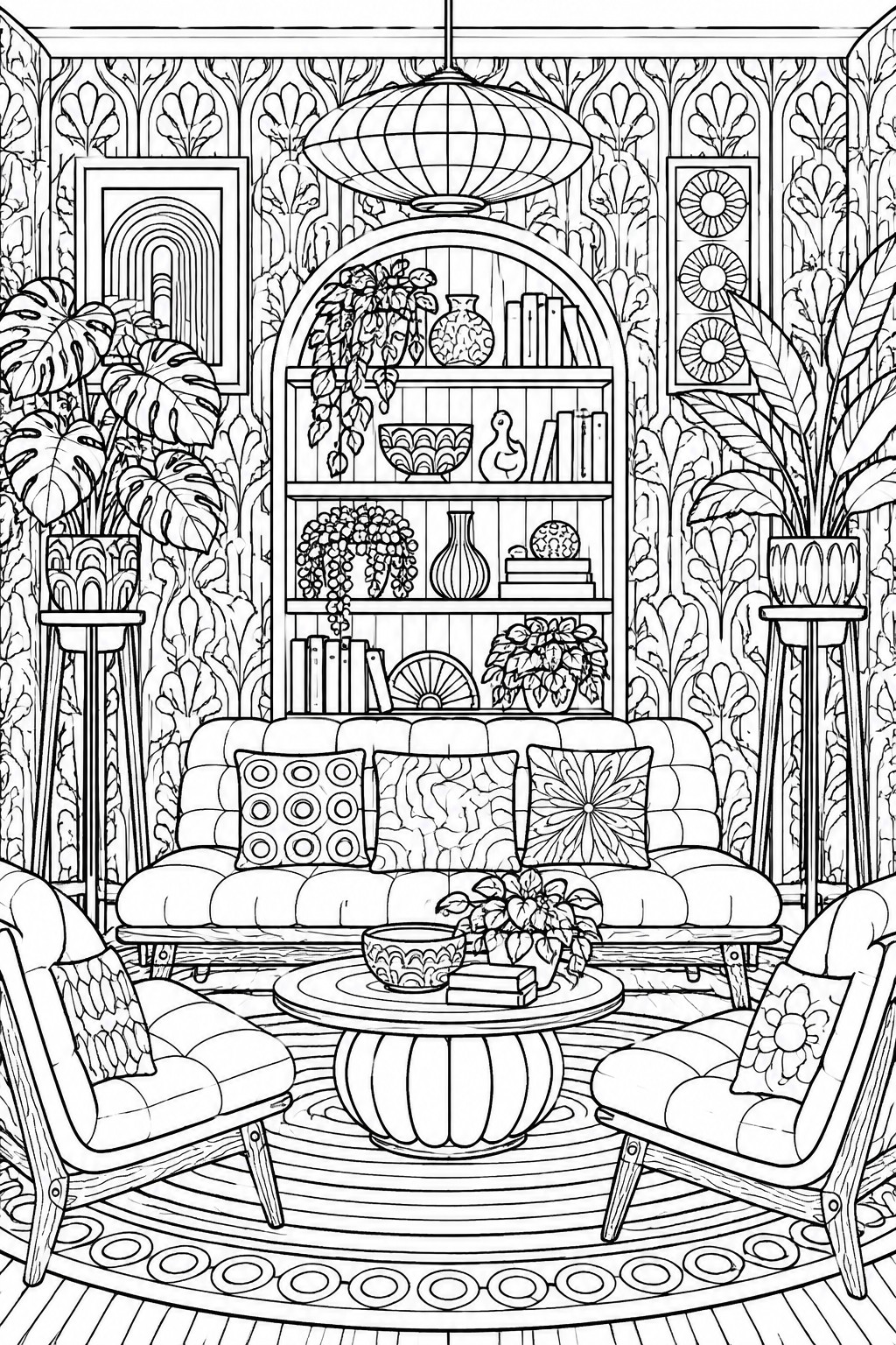 A black and white line drawing of a furnished living room with a sofa, two armchairs, coffee table, arched bookshelf, potted plants, and patterned wallpaper.