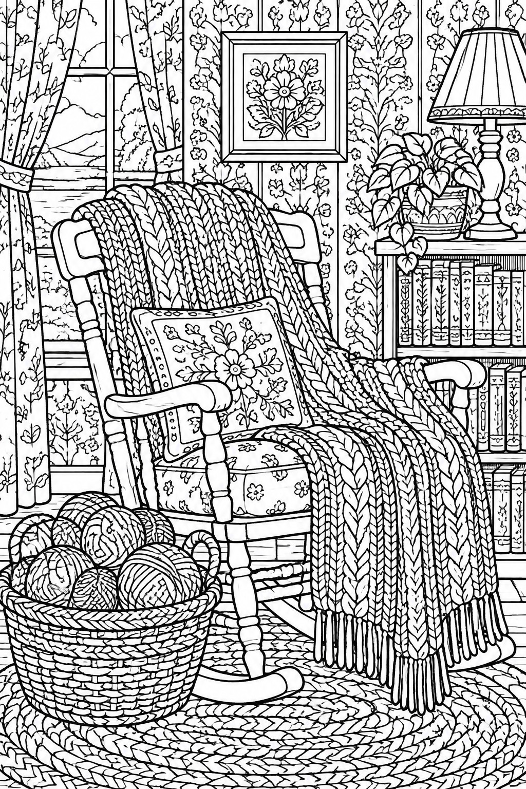 A black and white line drawing of a rocking chair with a knitted blanket, a basket of yarn on a braided rug, and a window with bookshelf in the background.