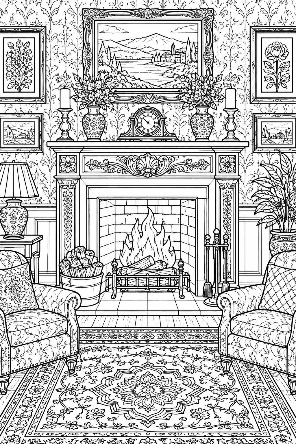 A black and white line drawing of a living room with a central fireplace, two armchairs, patterned rug, and framed pictures on floral wallpaper.
