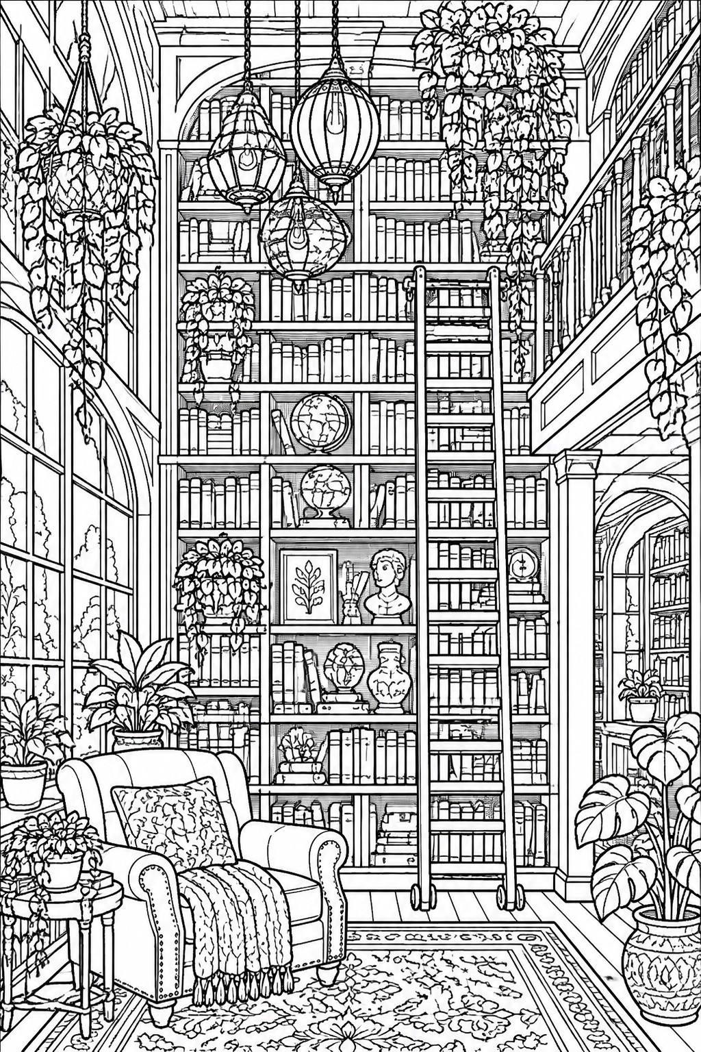 Black and white line drawing of a two-story library interior with bookshelves, rolling ladder, hanging lights, plants, and an armchair.