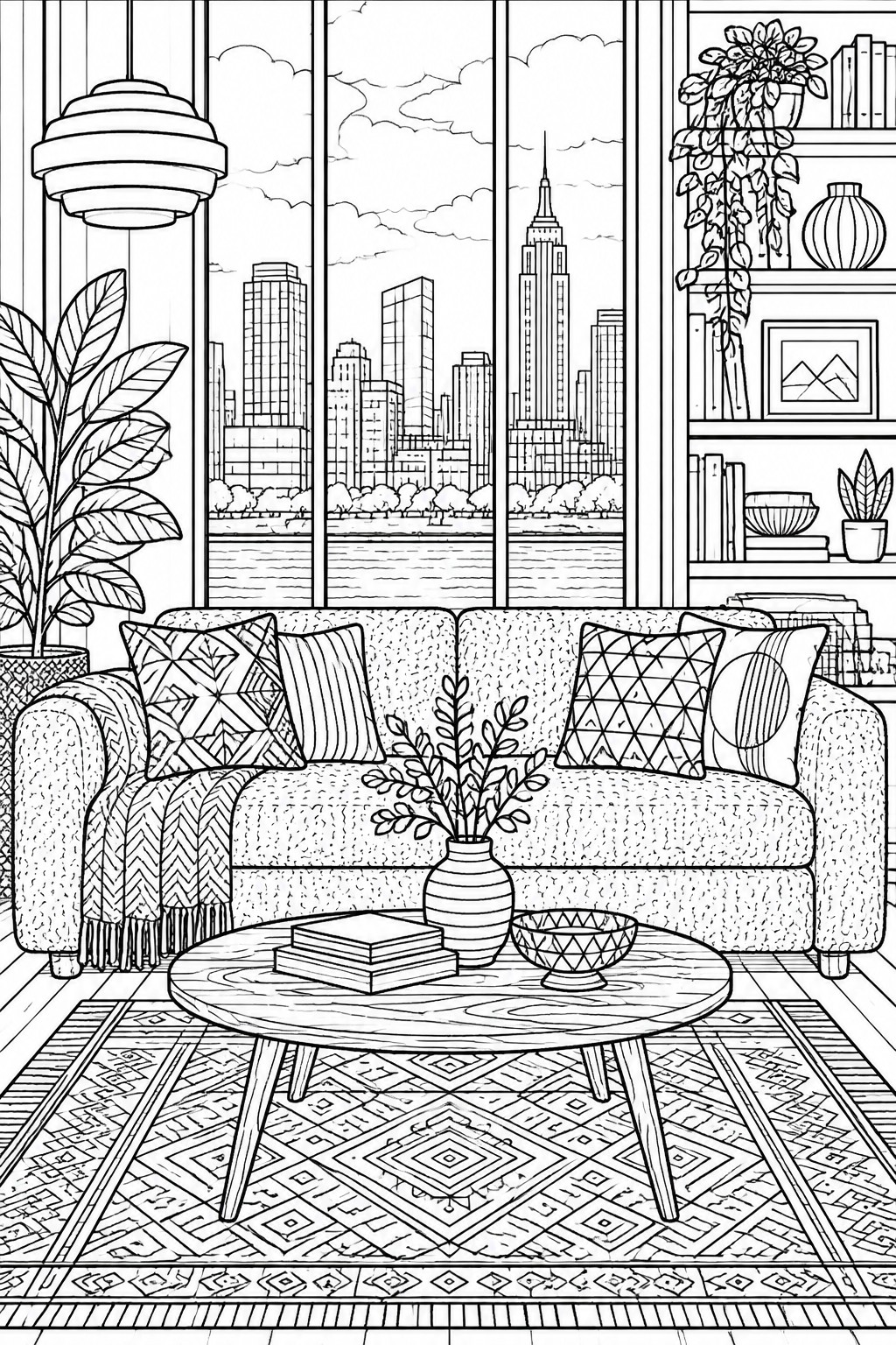 Line drawing of living room with sofa, coffee table, bookshelf, and city skyline window.