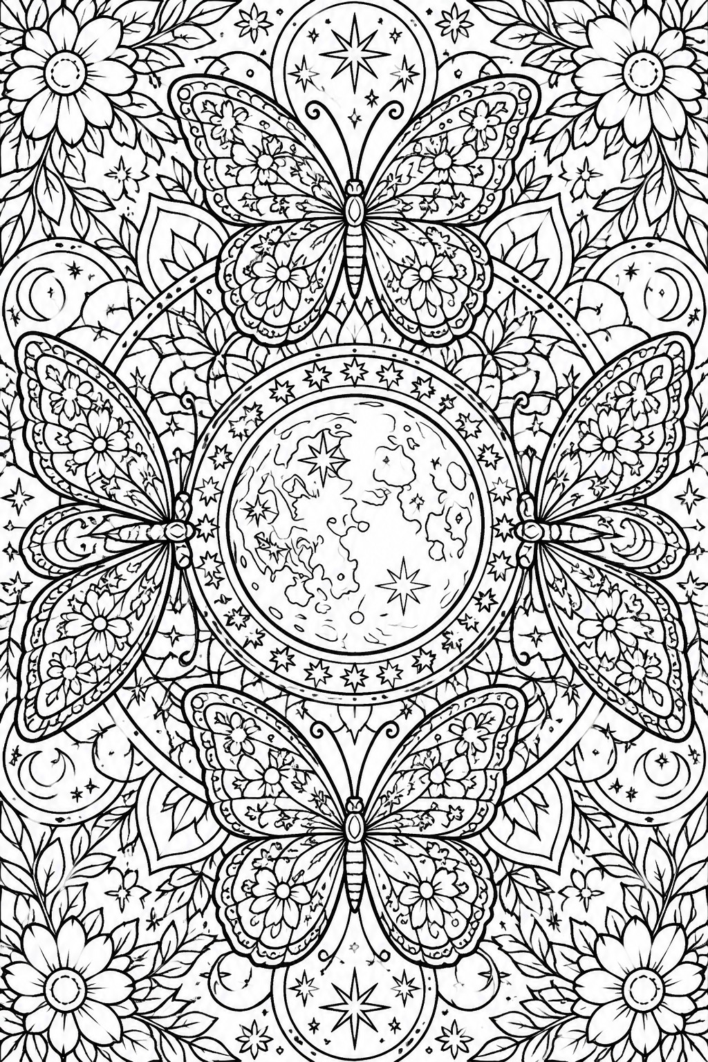 Intricate mandala with four ornate butterflies encircling a central planet, stars, and moons