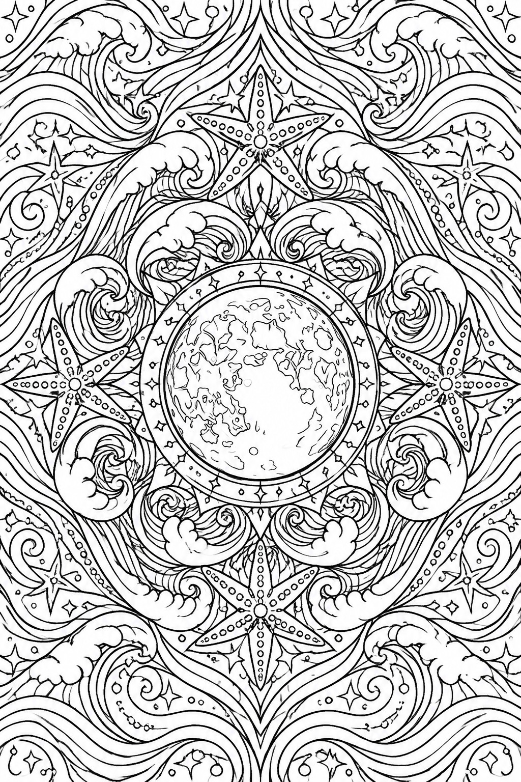 Intricate celestial mandala with central Earth globe, stars, and swirling cosmic patterns