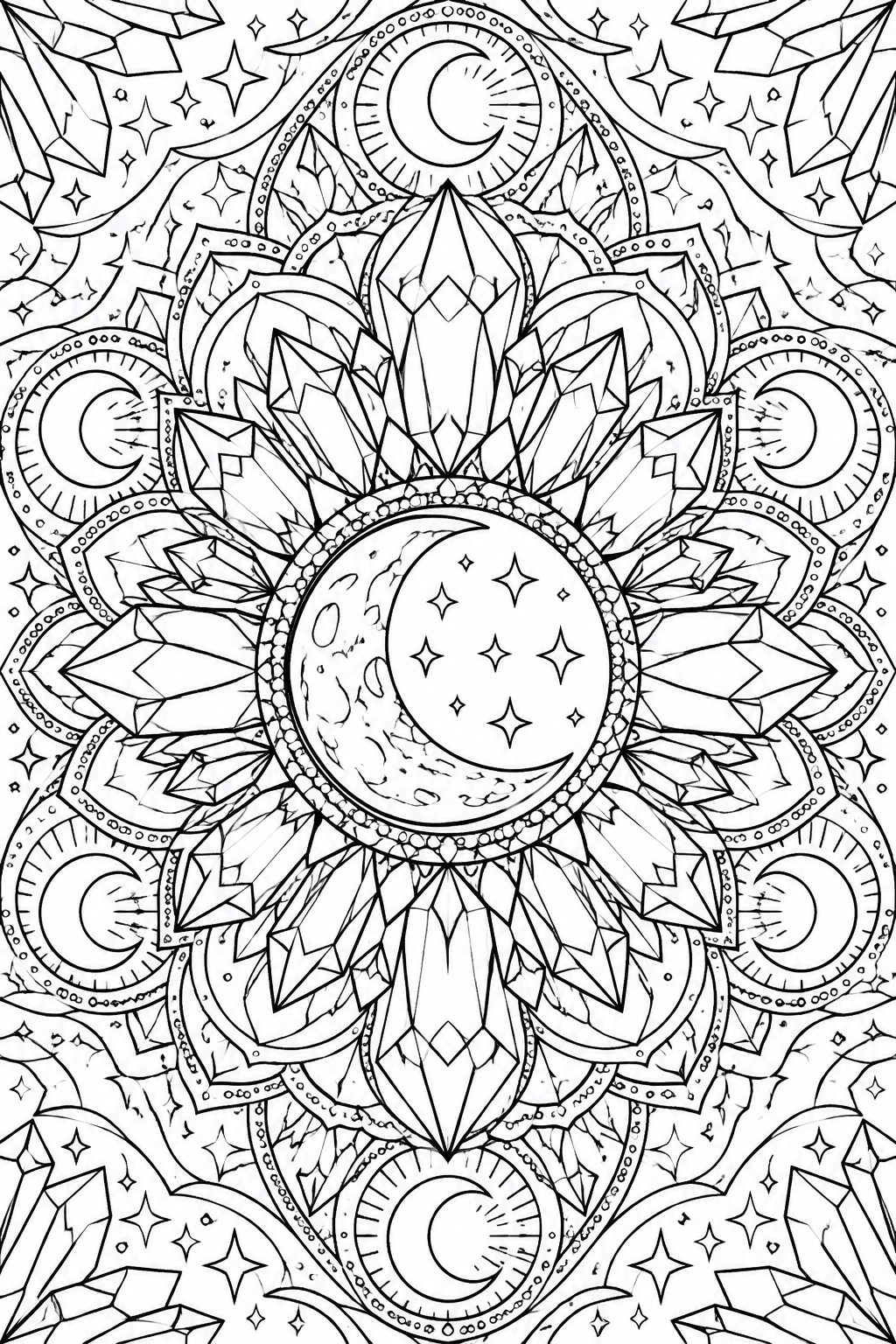 Intricate black-and-white mandala with moons, crystals, stars, and geometric patterns.