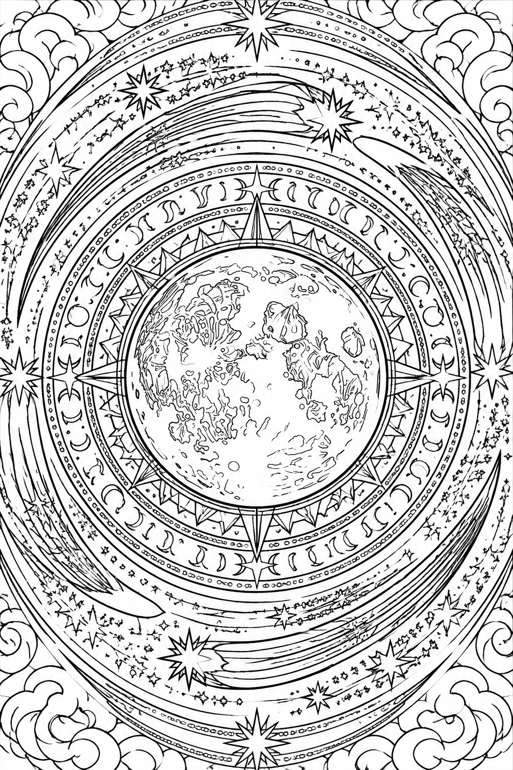 Black and white mandala coloring page with a central planet, moon phase rings, stars, and comets in concentric circles.
