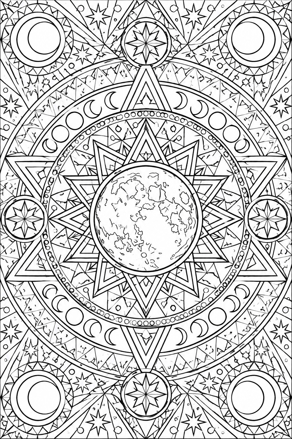 Intricate black-and-white celestial mandala with central planet, stars, and crescent moons