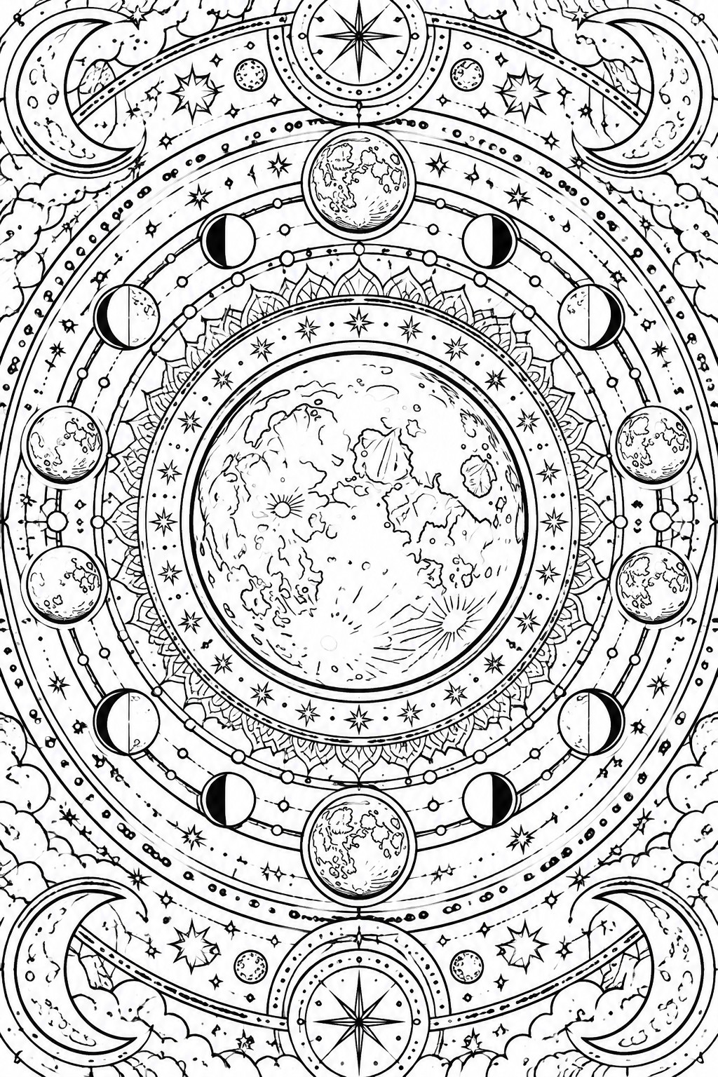 Celestial mandala with central cratered planet, moon phases, stars, and concentric rings.