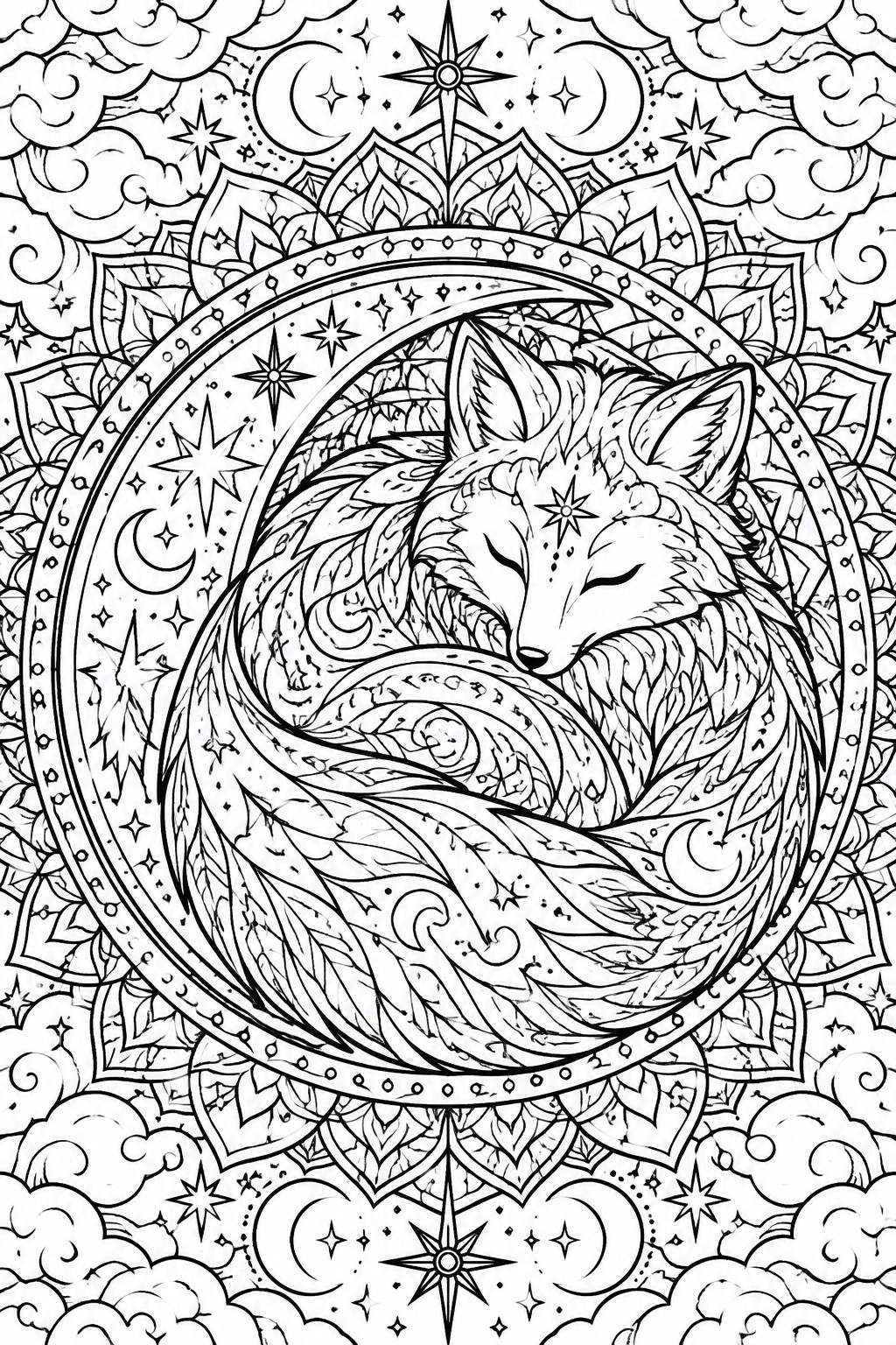 Detailed line drawing of fox curled in crescent moon with mandala and stars