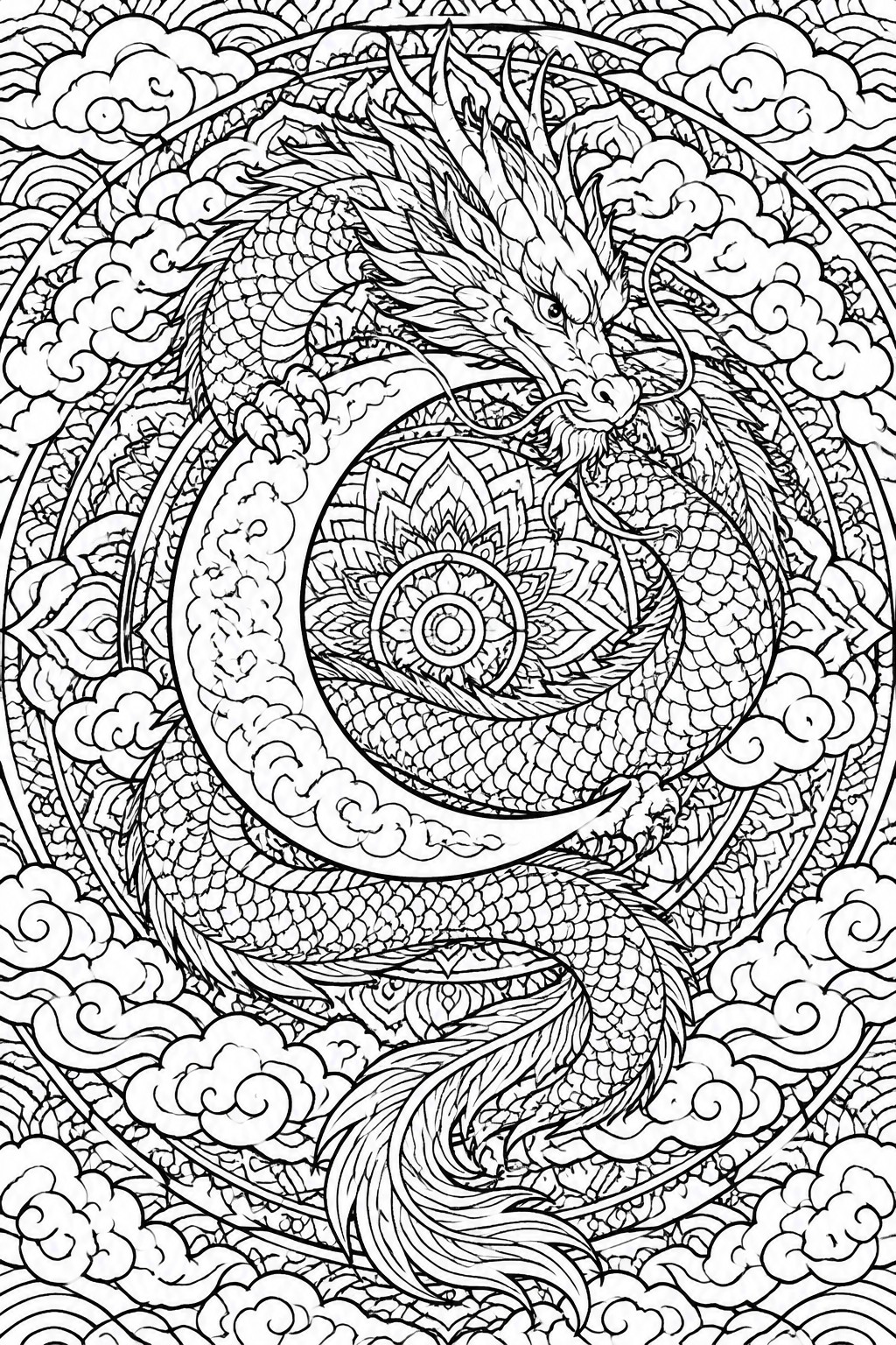 Black and white line drawing of a dragon coiled around a crescent moon with a mandala center and clouds.