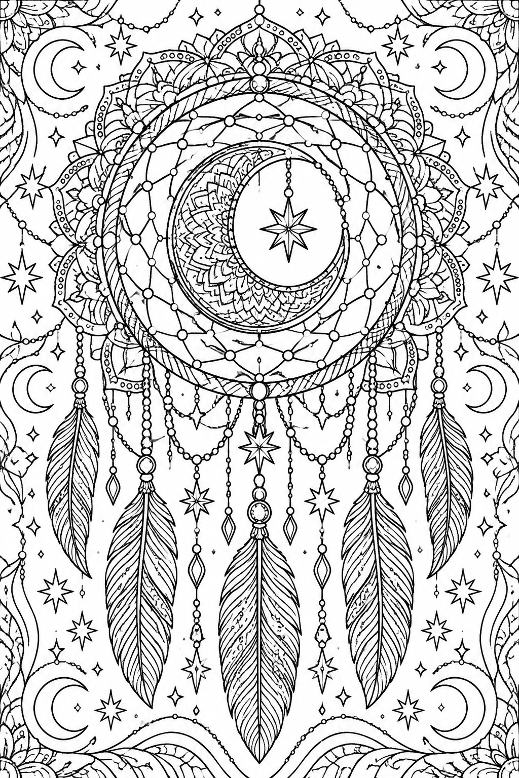 Black and white line art of a dreamcatcher centered on a crescent moon with an inner star, surrounded by mandala rings, additional moons and stars, and multiple beaded feathers hanging below.
