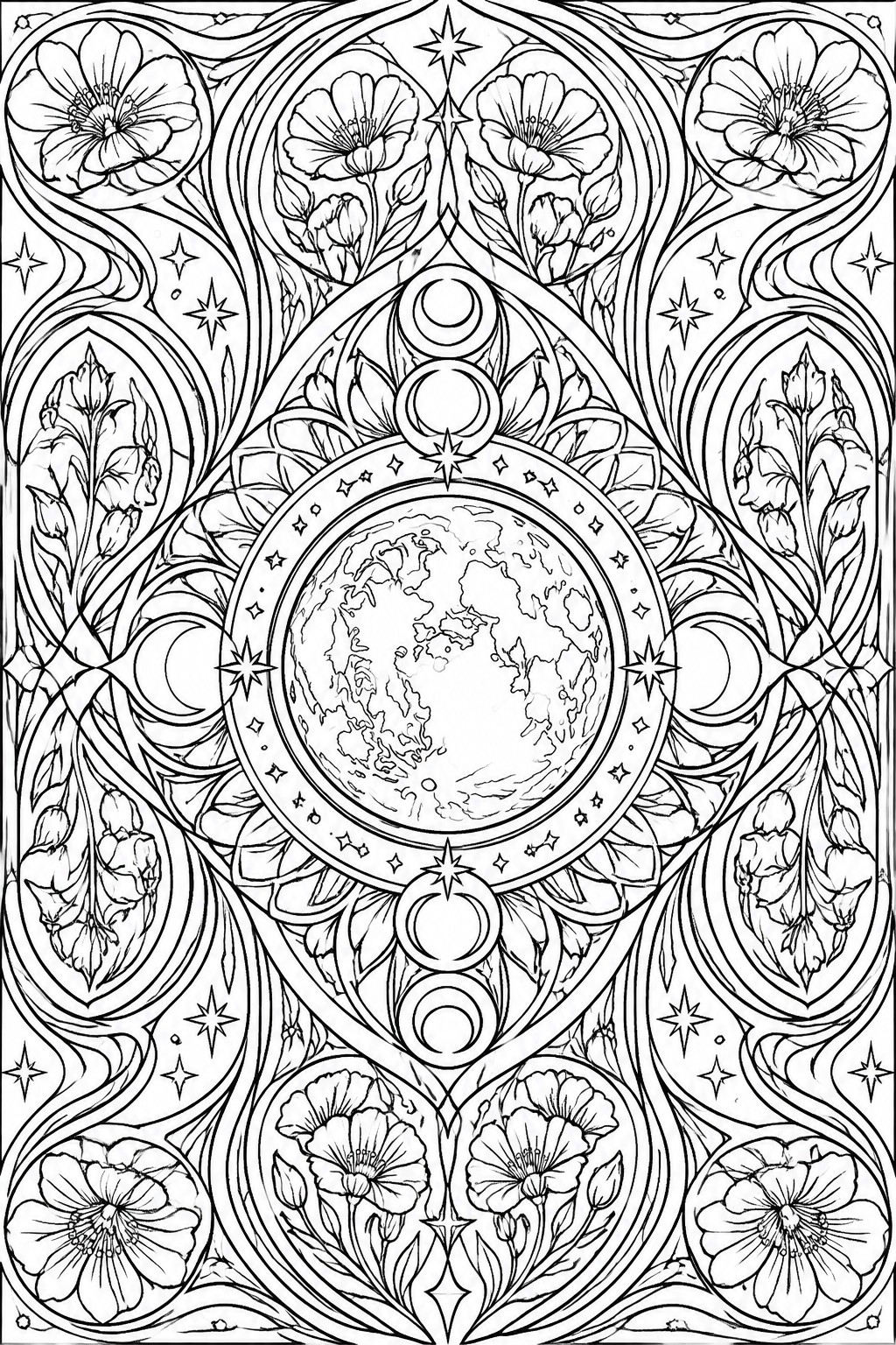 Ornate celestial mandala with Earth, stars, moon phases, and floral patterns