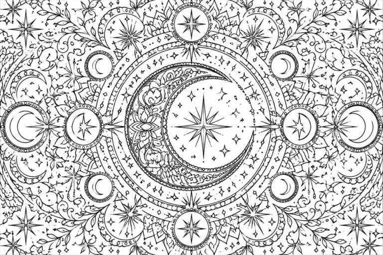 24 Dreamy Moon Mandala Coloring Pages With Celestial Motifs Intricate celestial mandala with central crescent moon, stars, and floral patterns.