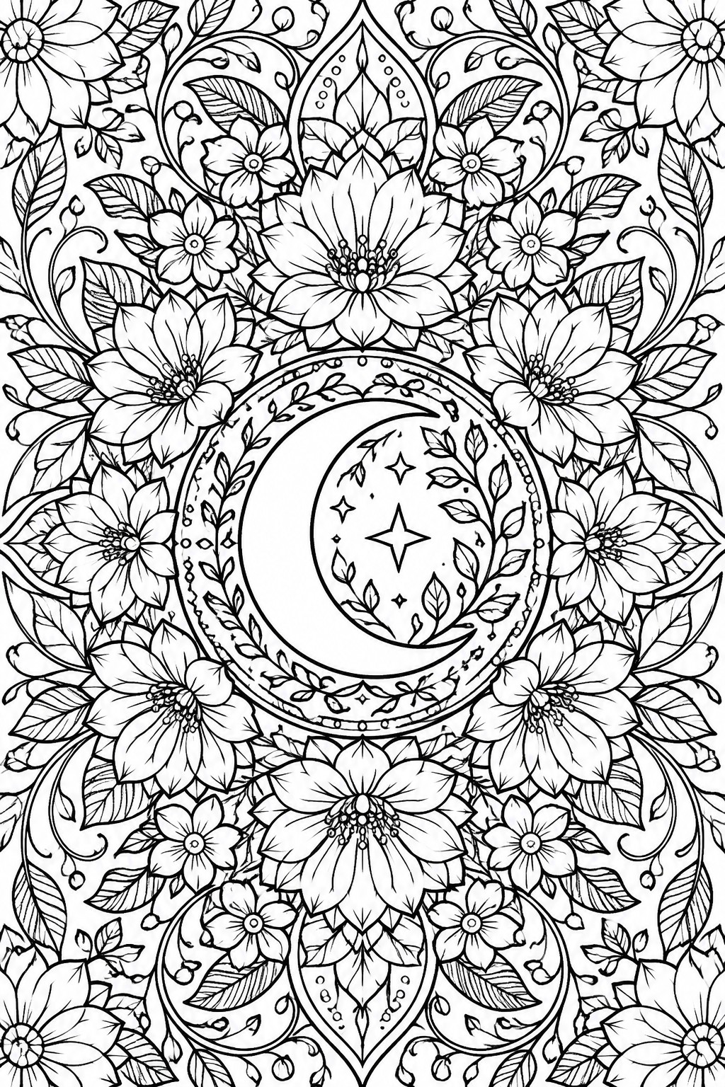 Intricate black-and-white mandala with central crescent moon, stars, and floral patterns.