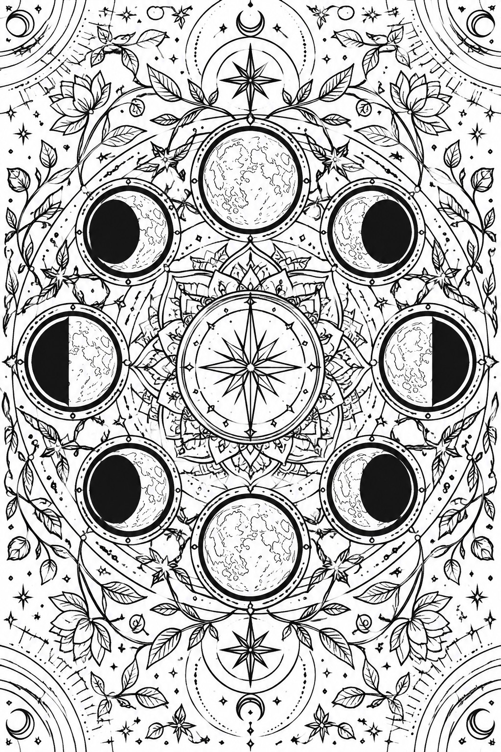 A black and white mandala coloring page with moon phases in circular frames, surrounded by vines, flowers, and stars.