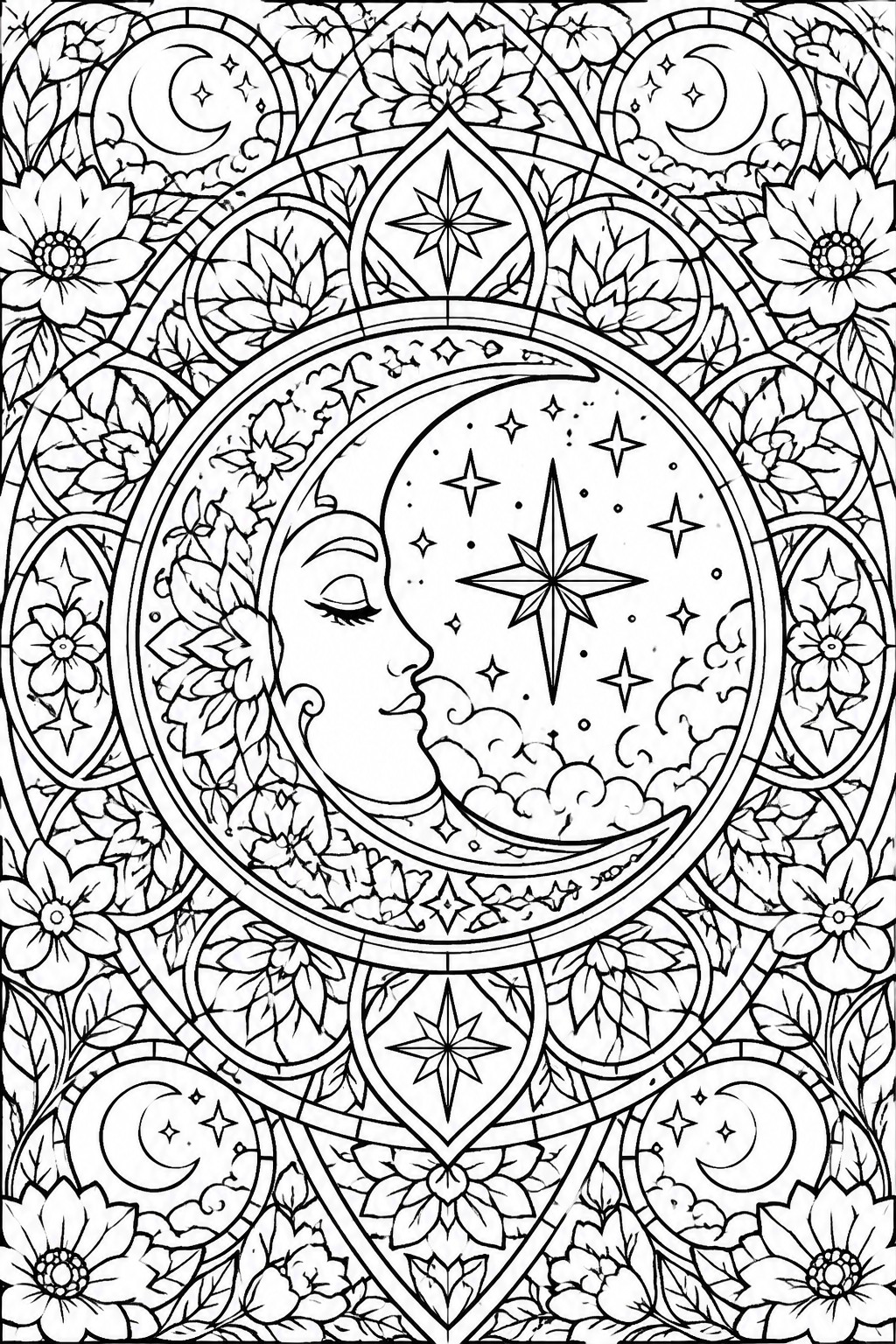 Intricate black and white mandala with crescent moon face, stars, clouds, and flowers.