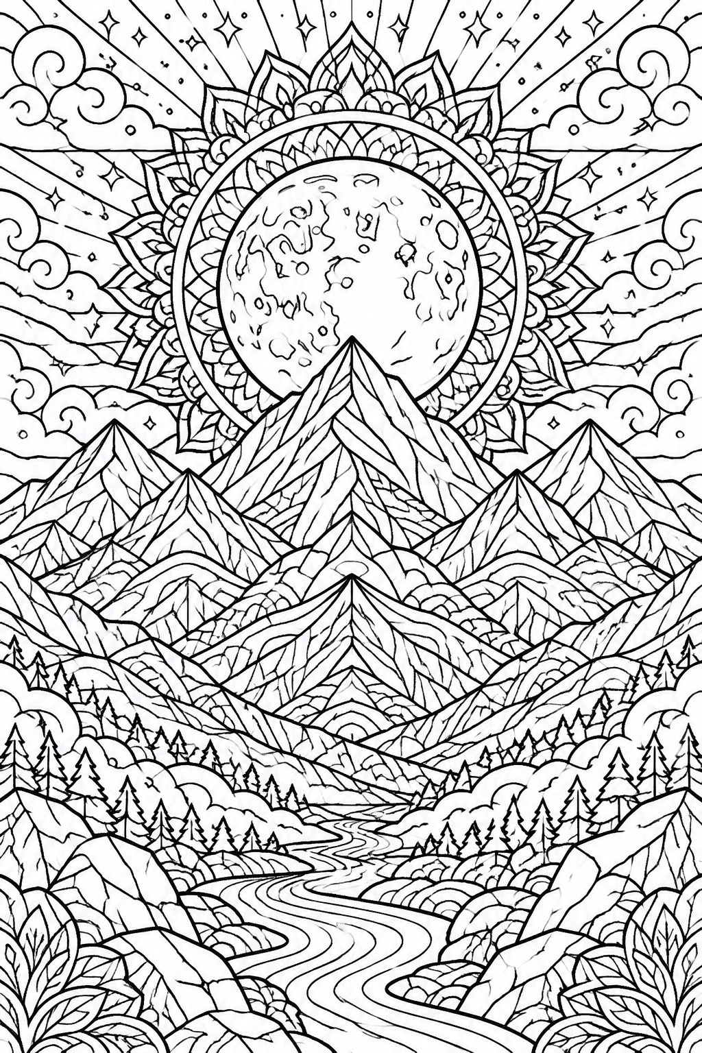 Mandala moon over jagged mountains, winding river, pine trees in starry line art