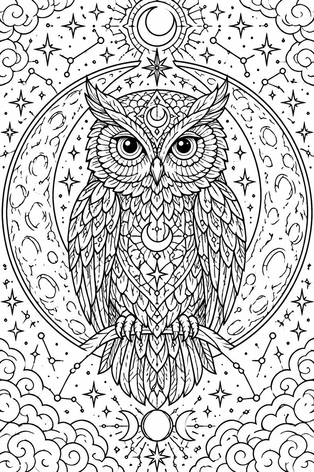 A black and white line drawing of an owl with intricate feather patterns including moons and stars, centered in a circular frame with constellations, moon phases, and clouds.