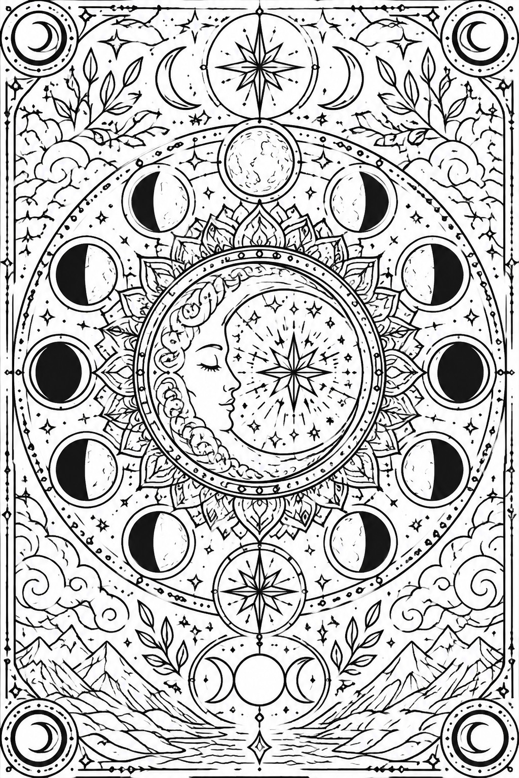 Intricate black-and-white celestial mandala with moon phases, central woman's face, stars, and mountains.