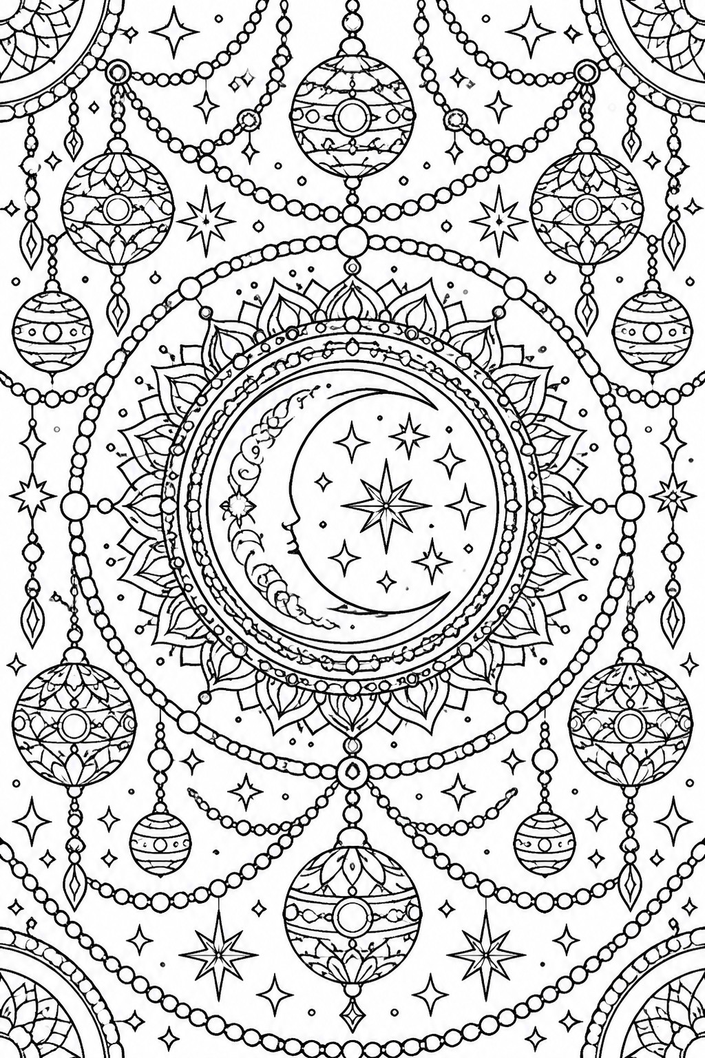 Intricate black-and-white mandala with crescent moon, stars, and hanging beaded ornaments.