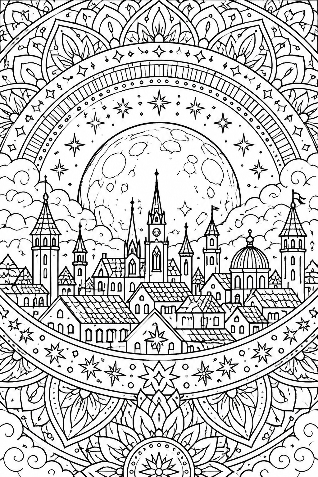 Detailed black-and-white mandala of medieval town under starry moon with ornate borders.