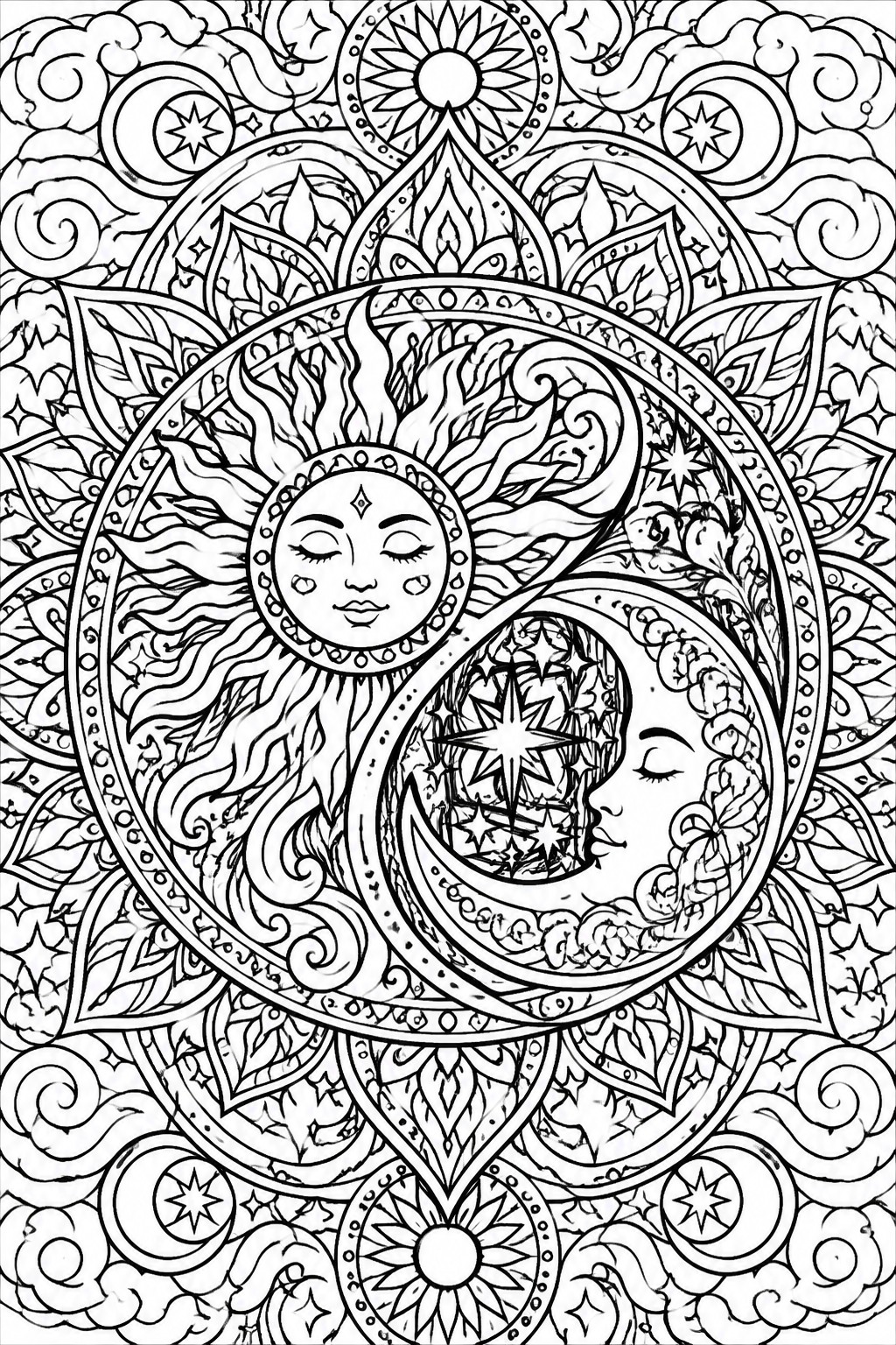Intricate black-and-white mandala with sun and moon faces amid stars and leaves.