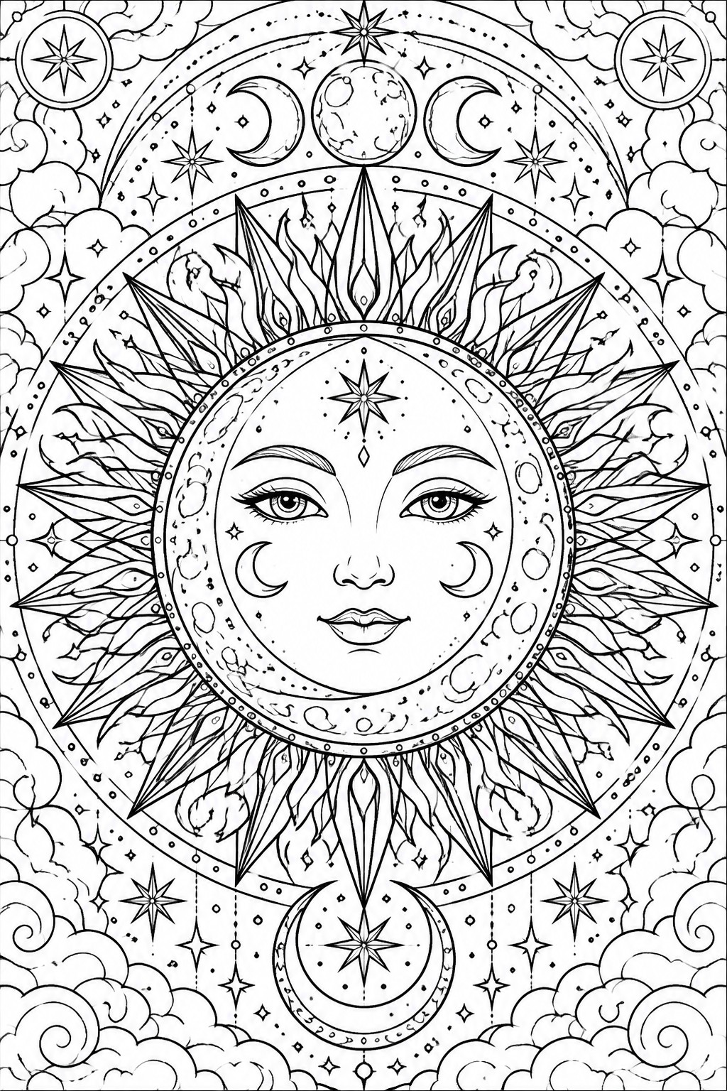 Intricate celestial mandala with a central sun face, moons, stars, and clouds.