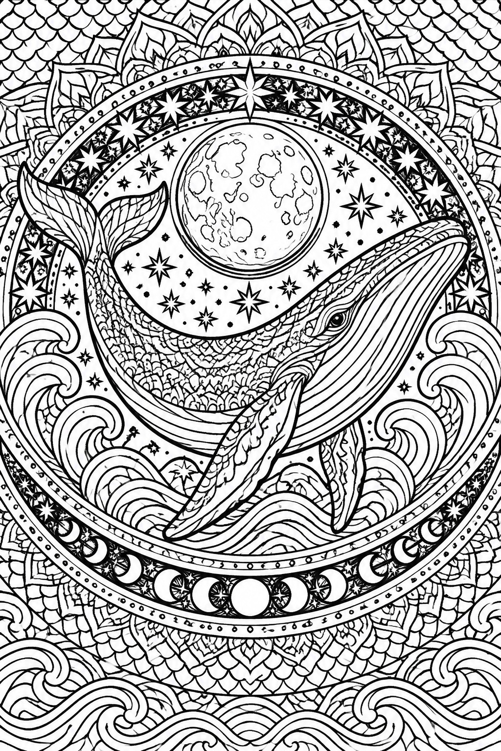 Intricate black-and-white mandala with whale curving around full moon, stars, and waves